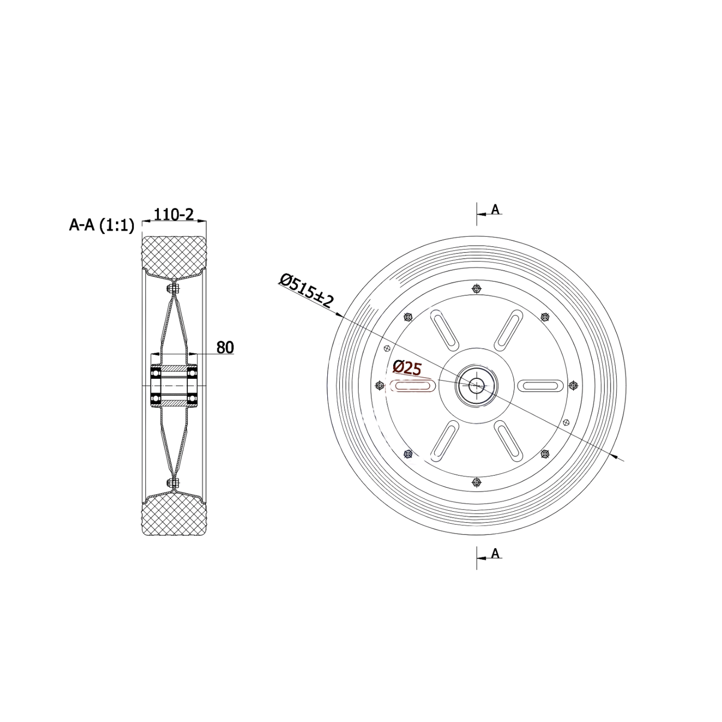 Ersatzrad Ø500 mm – Vollgummi Industrierad mit Kugellager für Transportwagen, Code: 500LL/25