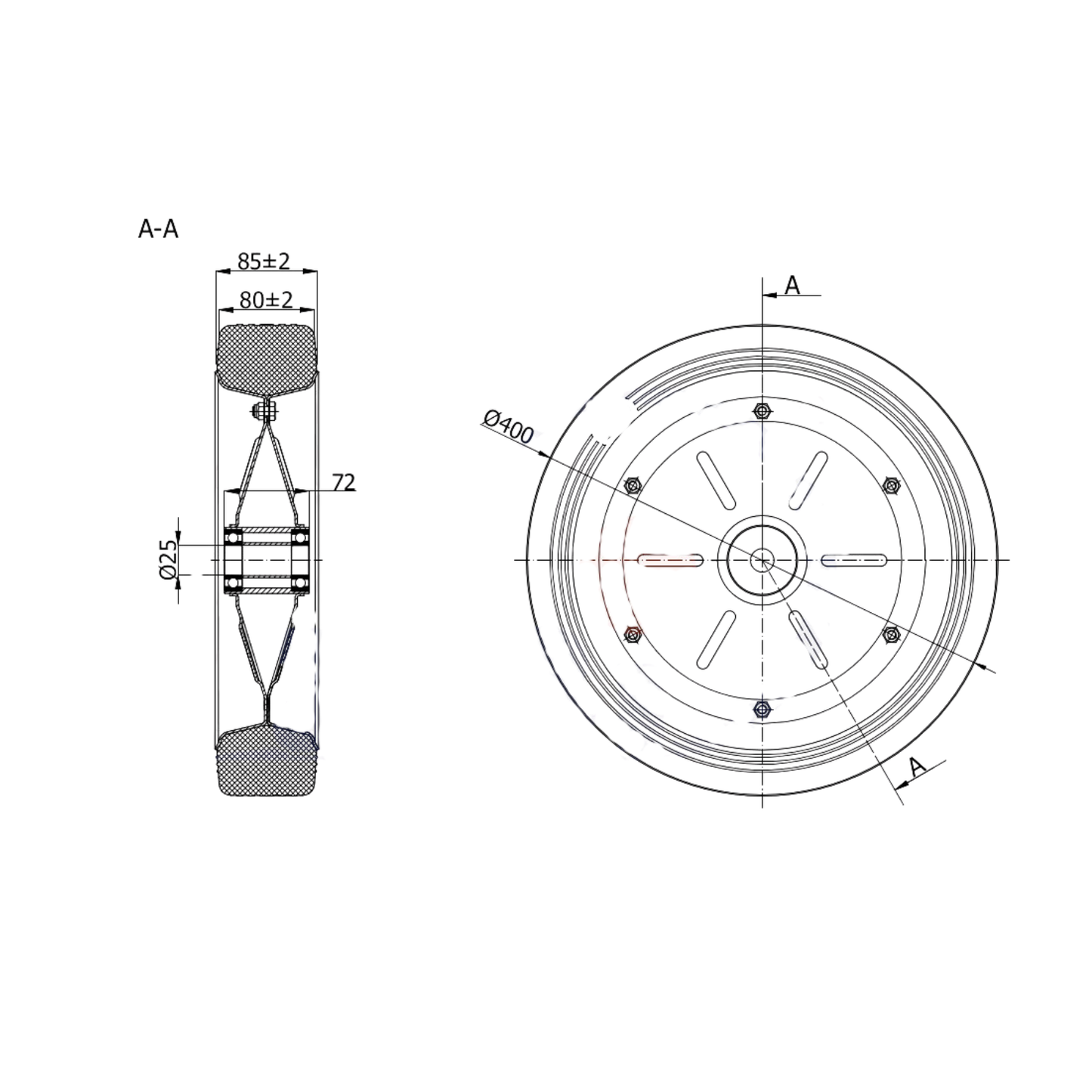 Ersatzrad Ø400 mm – Vollgummi Industrierad mit Kugellager für Transportwagen, Code: 400LL/25