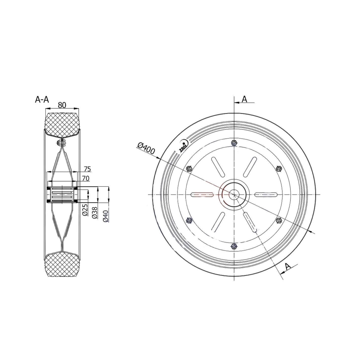 Ersatzrad Ø400 mm – Vollgummi Industrierad für Transportwagen, Code: 400/25