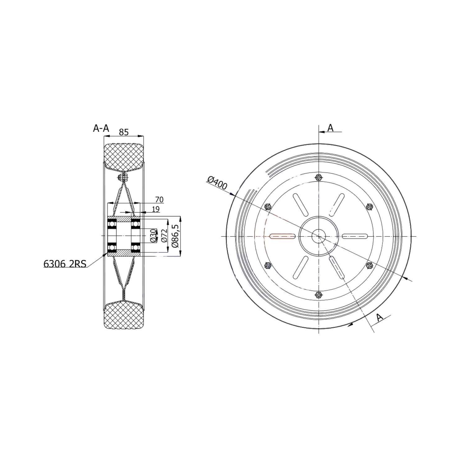 Ersatzrad Ø400 mm – Vollgummi Industrierad mit Kugellager für Transportwagen, Code: 400LL/30