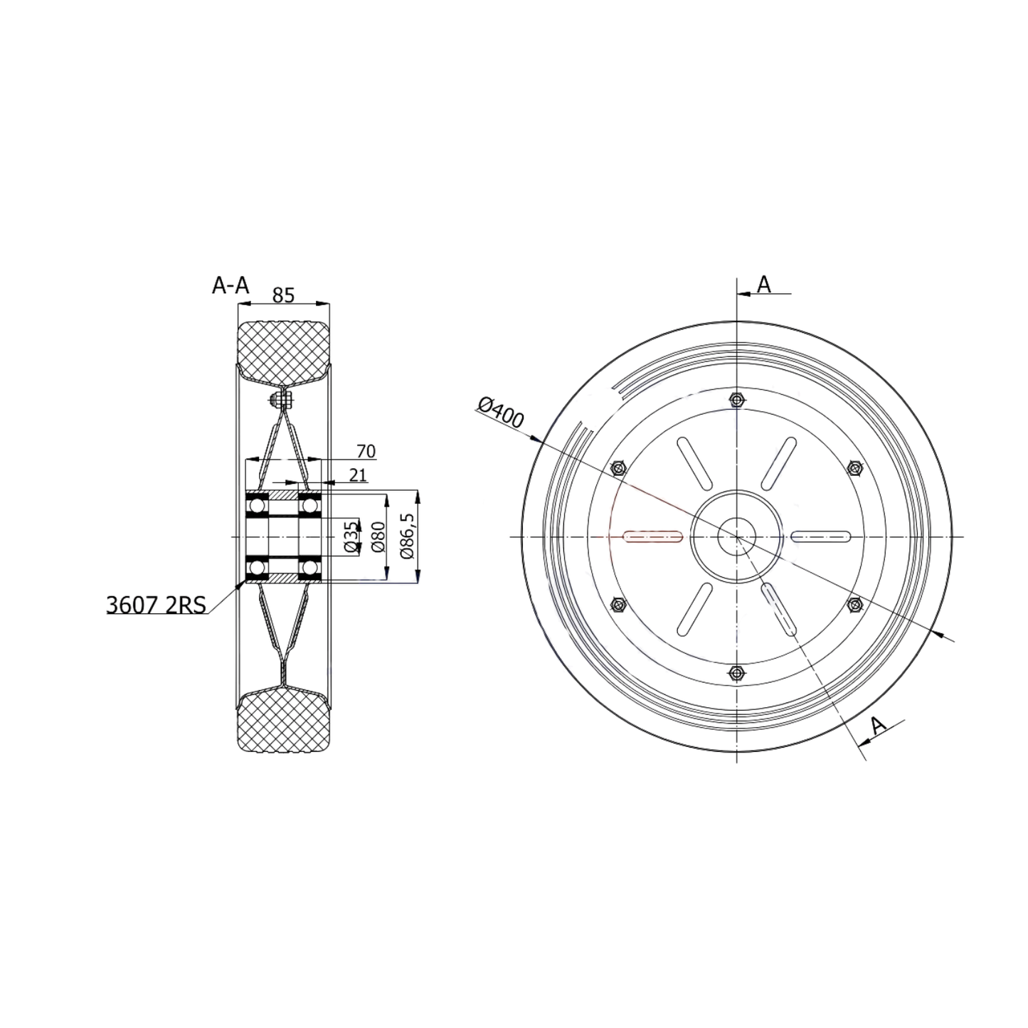 Ersatzrad Ø400 mm – Vollgummi Industrierad mit Kugellager für Transportwagen, Code: 400LL/35