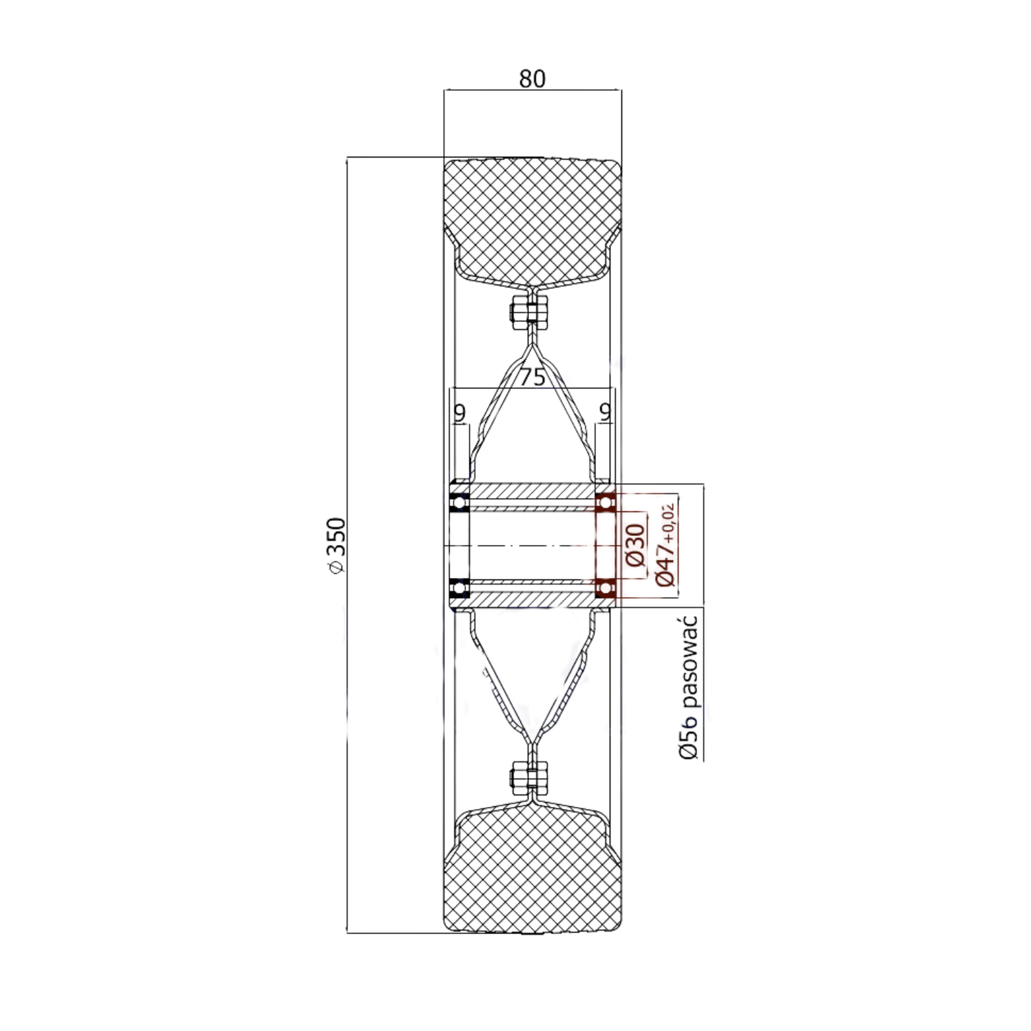 Ersatzrad Ø350 mm – Vollgummi Industrierad mit Kugellager für Transportwagen, Code: 350LL/30
