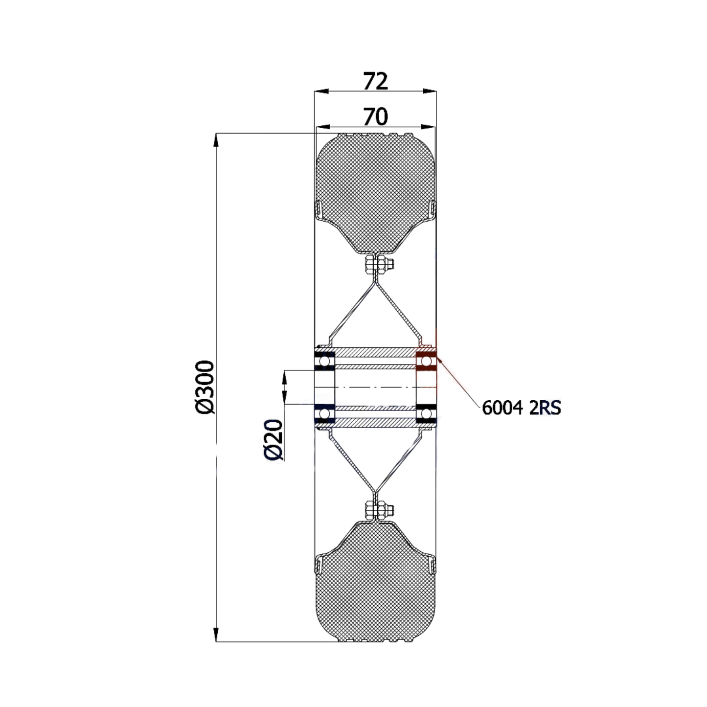 Ersatzrad Ø300 mm – Vollgummi Industrierad mit Kugellager für Transportwagen, Code: 100LL/20