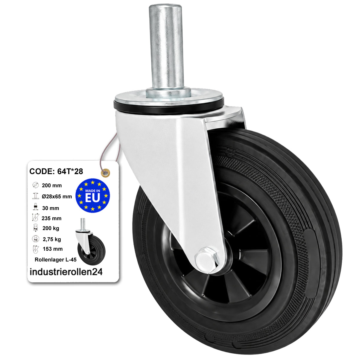 Kunststoff-Gummiräder mit Befestigungsstift Lenkrollen Ø200 mm Code: 64T*28