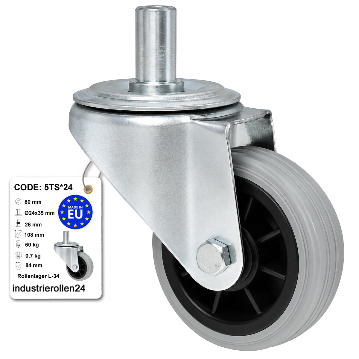 Kunststoff-Gummiräder mit Befestigungsstift Lenkrollen Ø80 mm Code: 5TS*24