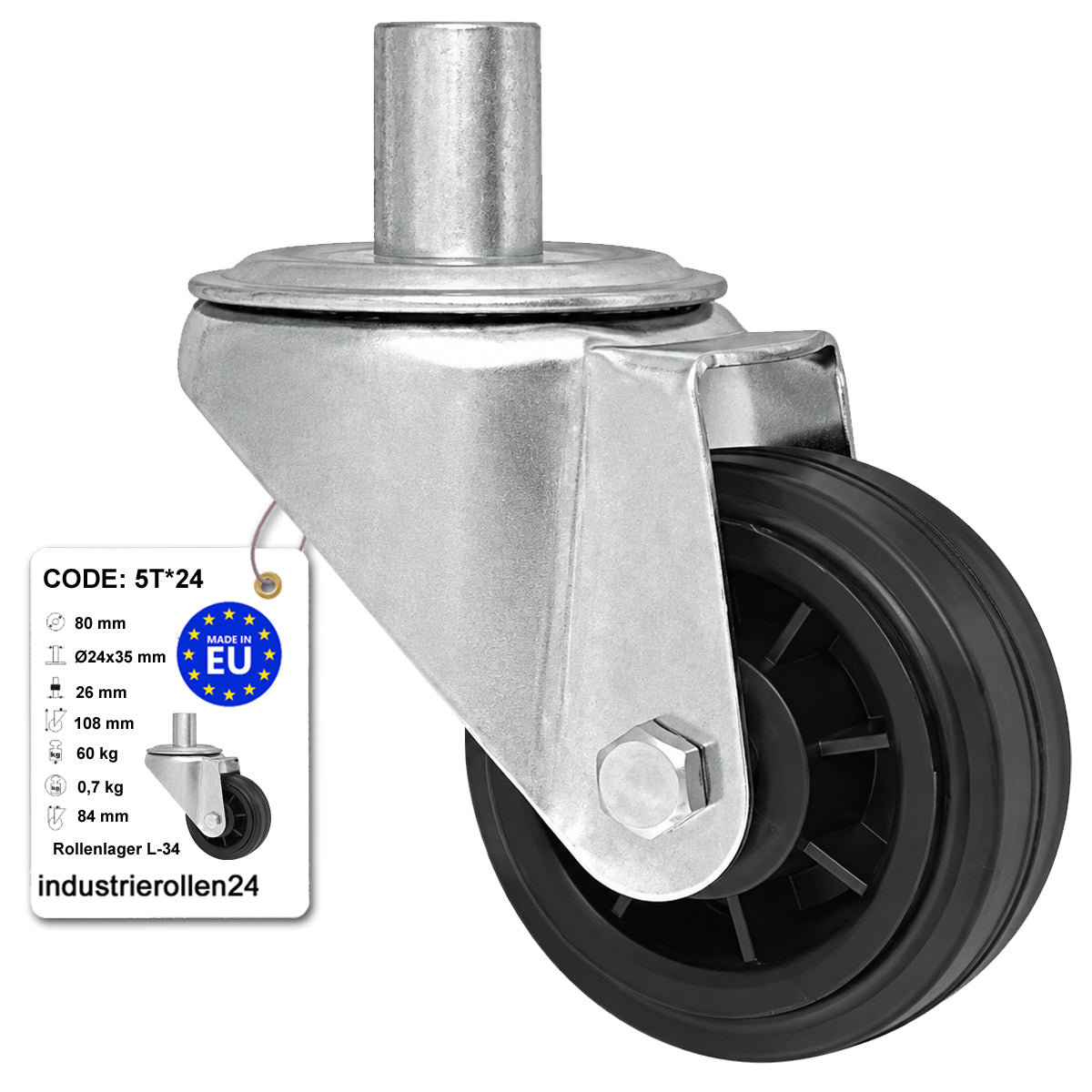 Kunststoff-Gummiräder mit Befestigungsstift Lenkrollen Ø80 mm Code: 5T*24