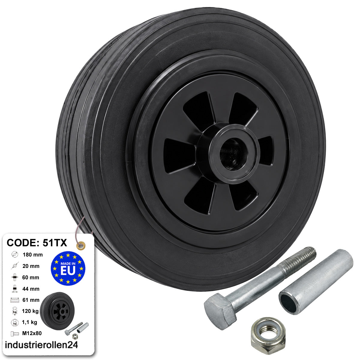 Kunststoff-Gummirrad Ø 180 mm Industrie Gummirad mit Montagesatz Code: 51TX