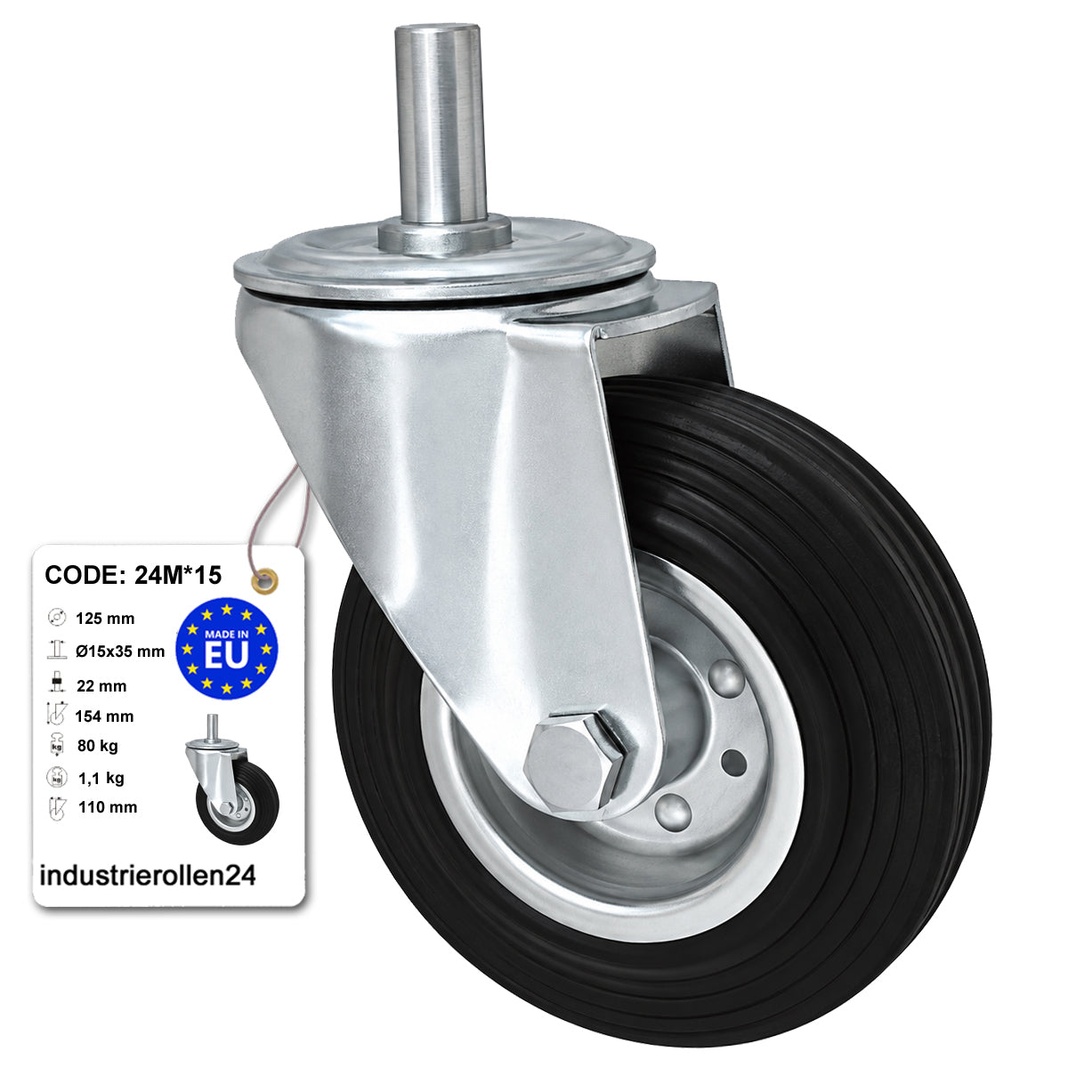 Metall-Gummiräder mit Befestigungsstift Lenkrollen Lenkrollen Ø125 mm Code: 24M*15