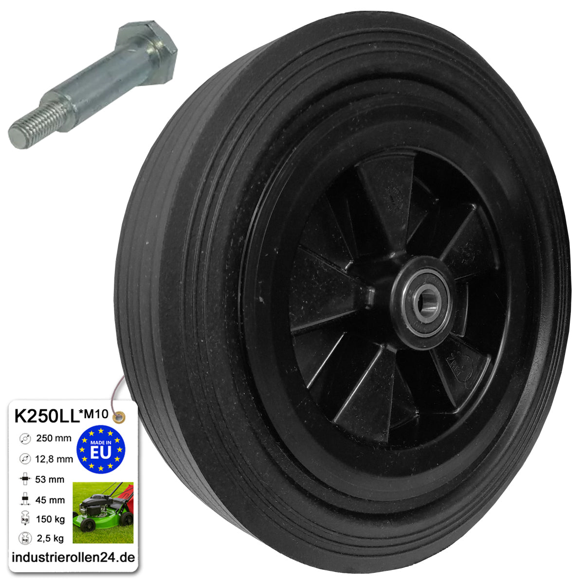 Rasenmäherrad 250 mm – Universal Ersatzrad aus Vollgummi mit Kugellager + Montage-Set, Code: K250LL*M10