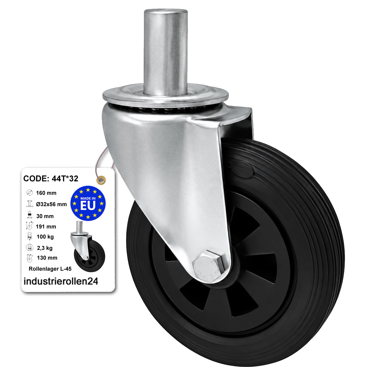 Kunststoff-Gummiräder mit Befestigungsstift Lenkrollen Ø160 mm Code: 44T*32
