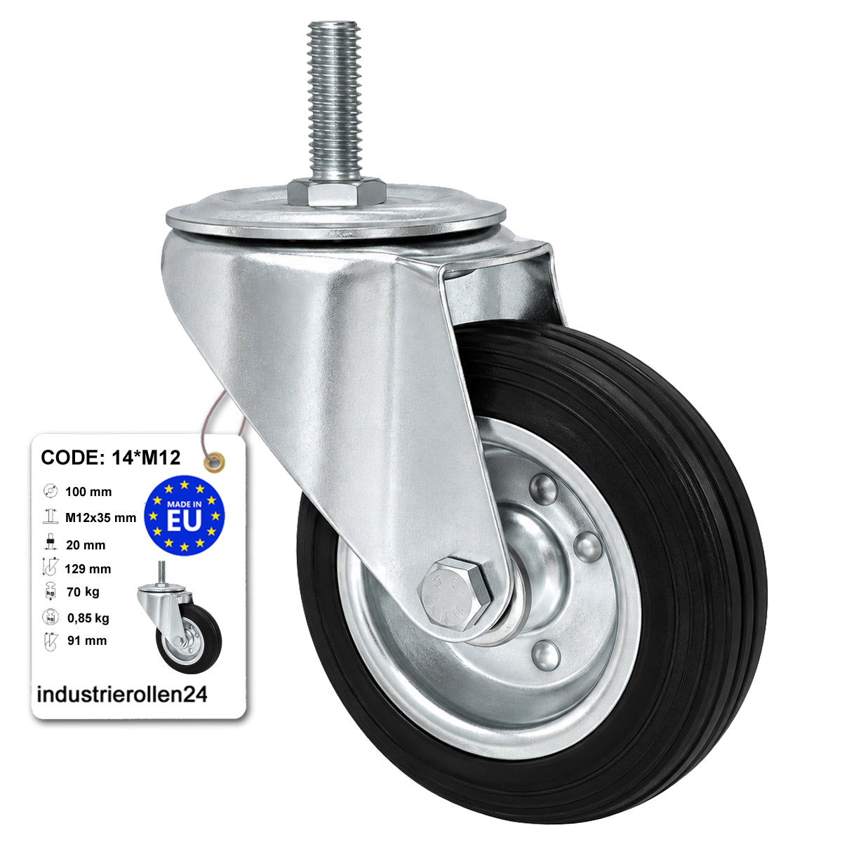 Metall-Gummiräder mit Befestigungsstift Lenkrollen Lenkrollen Ø100 mm Code: 14*M12