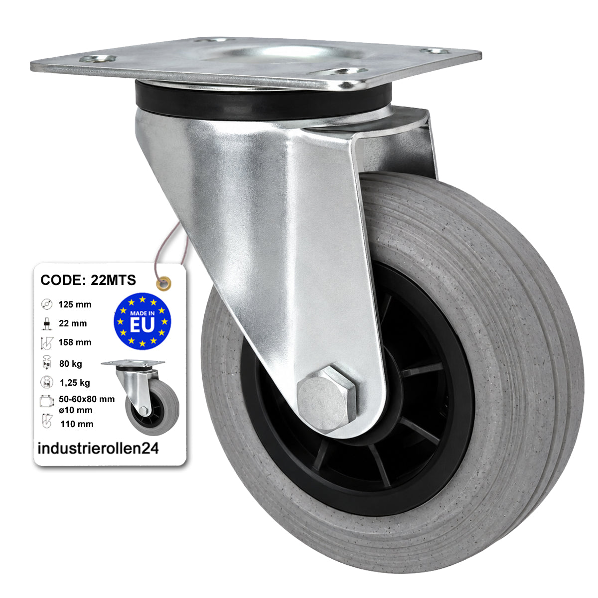 Kunststoff-Gummirrad mit Anschraubplatte Lenkrolle Ø125 mm mit Platte Code: 22MTS