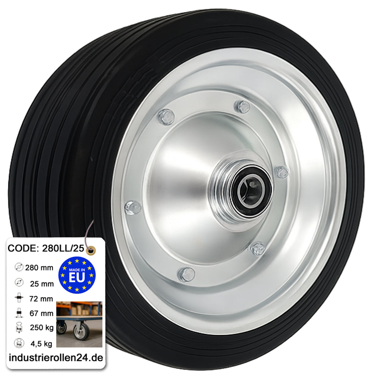 Ersatzrad Ø280 mm – Vollgummi Industrierad mit Kugellager für Transportwagen, Code: 280LL/25