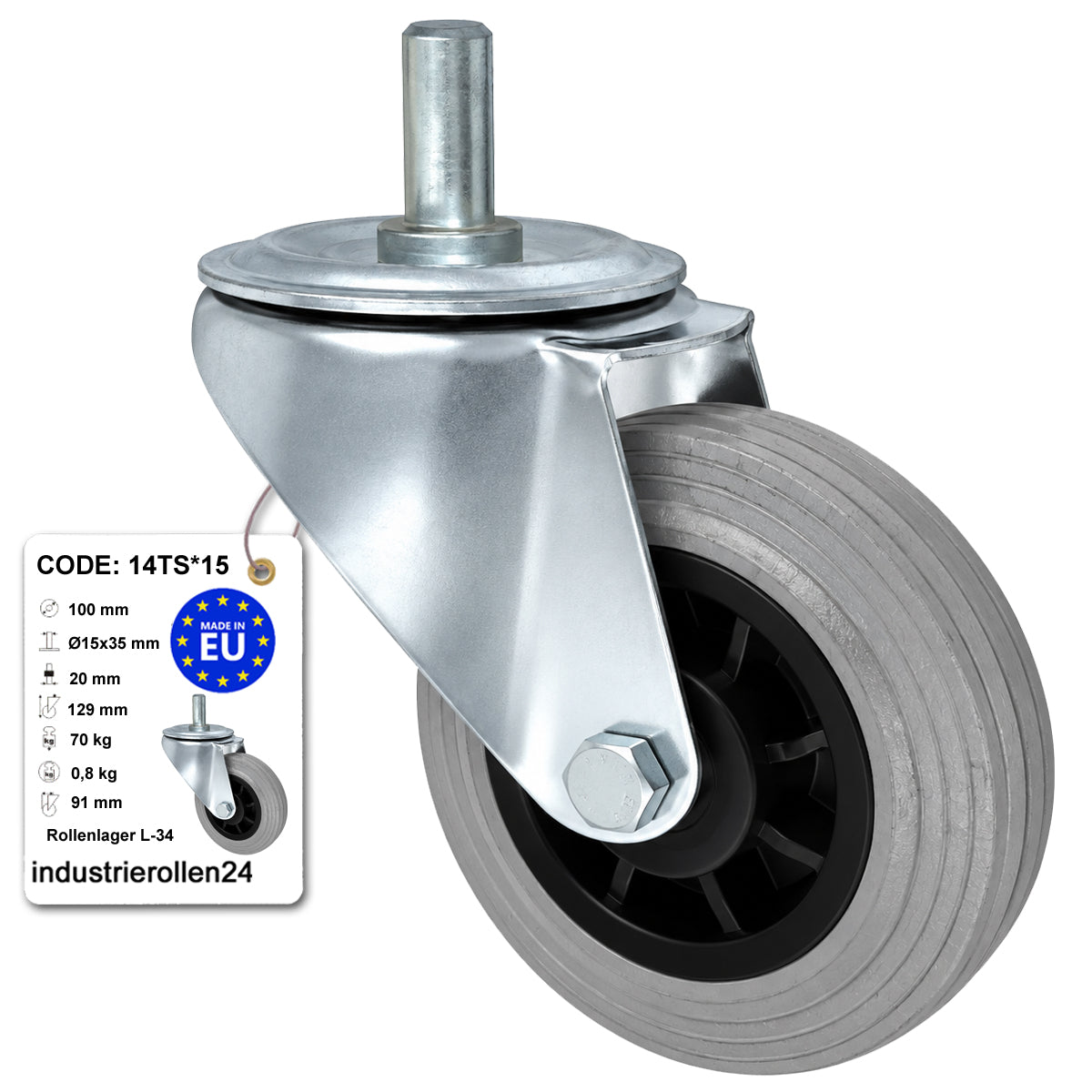 Kunststoff-Gummiräder mit Befestigungsstift Lenkrollen Ø100 mm Code: 14TS*15