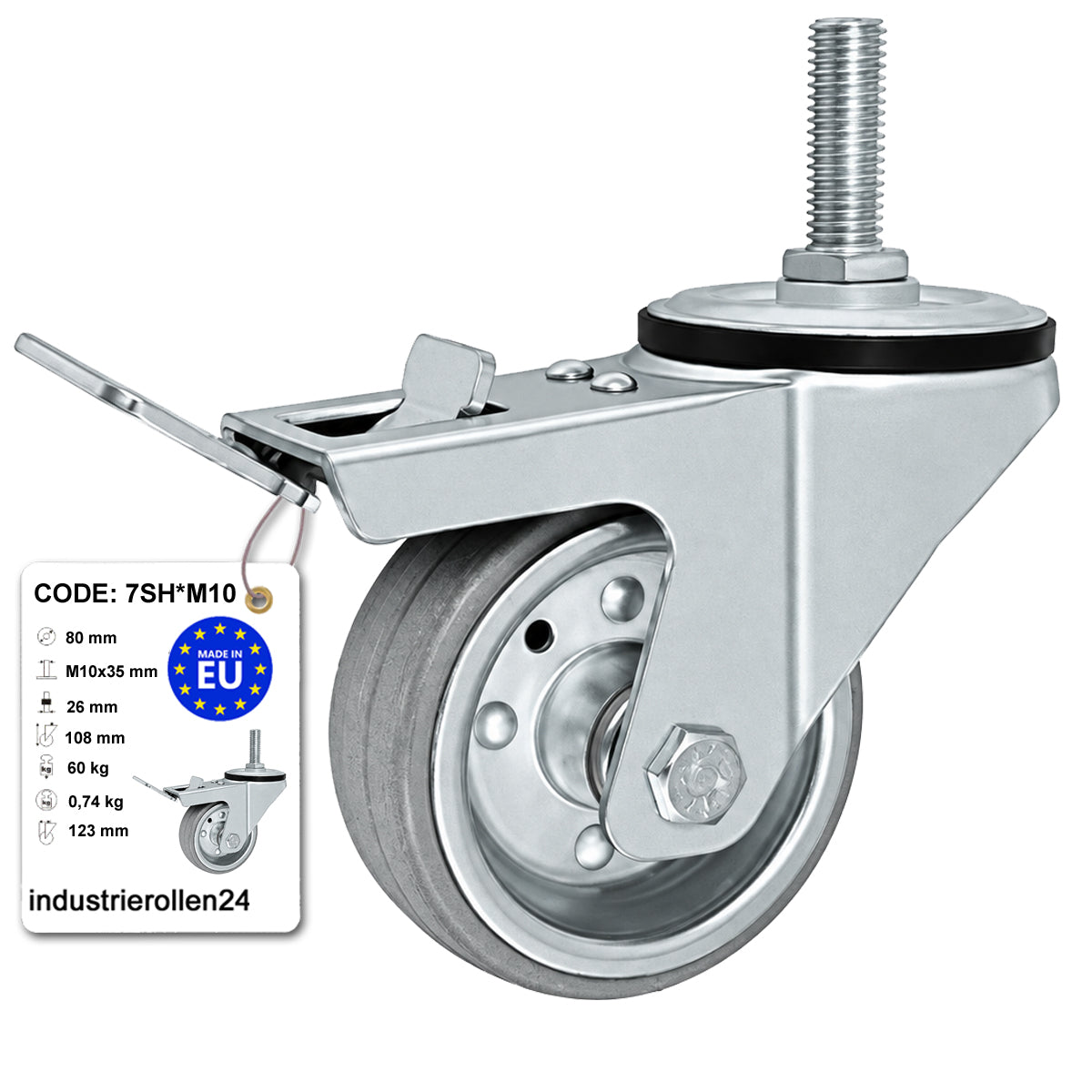 Metall-Gummiräder mit Befestigungsstift und Bremse Lenkrollen  Ø80 mm Code: 7SH*M10