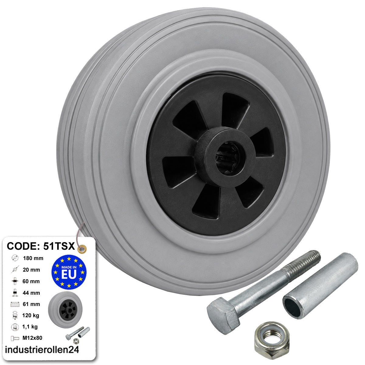 Kunststoff-Gummirrad Ø 180 mm Industrie Gummirad mit Montagesatz Code: 51TSX