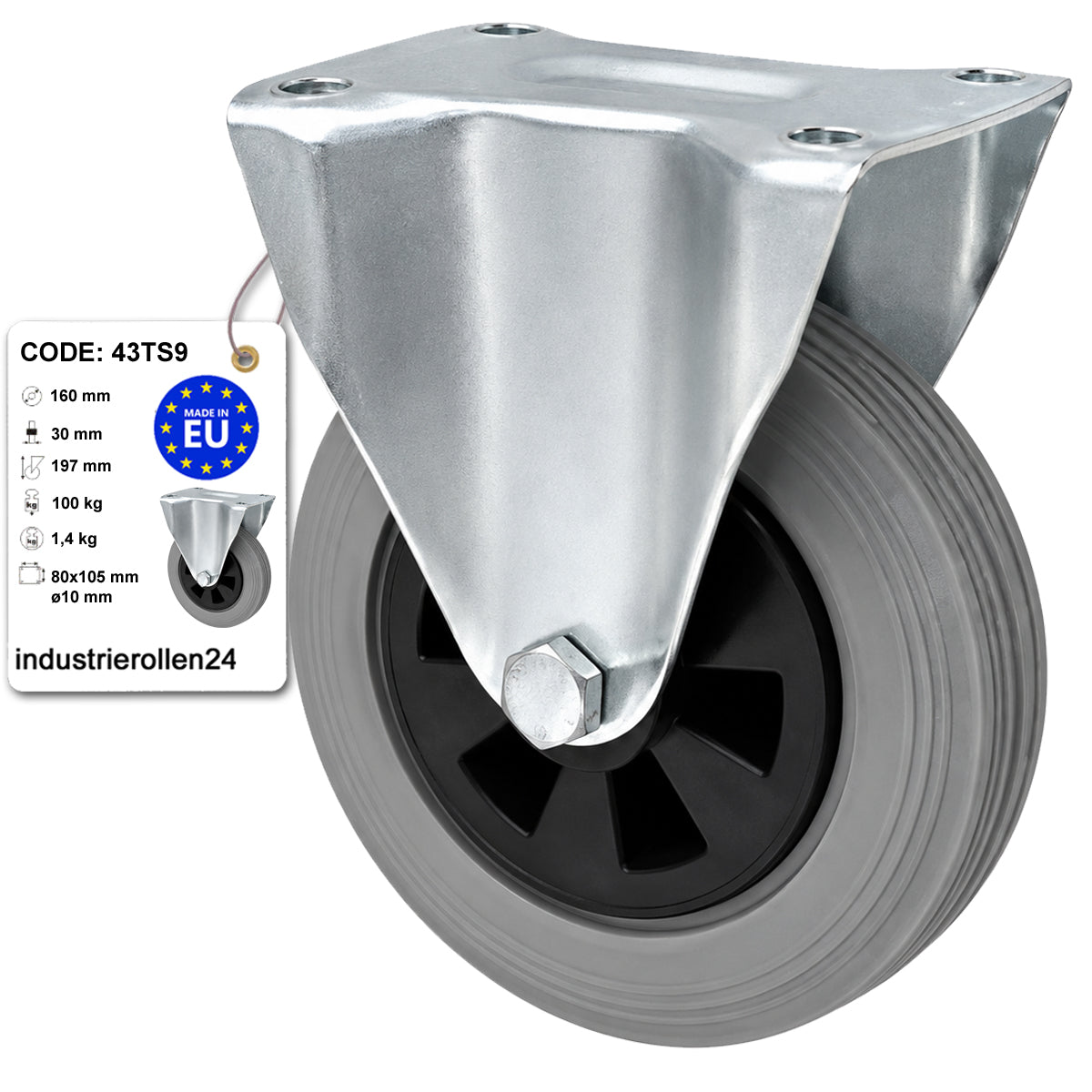 Kunststoff-Gummiräder in Bockrollengehäusen Lenkrolle Ø160 mm mit Platte Code: 43TS9