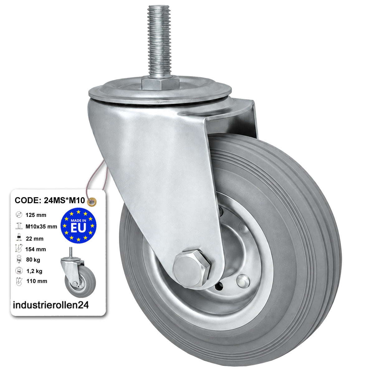Metall-Gummiräder mit Befestigungsstift Lenkrollen Lenkrollen Ø125 mm Code: 24MS*M10