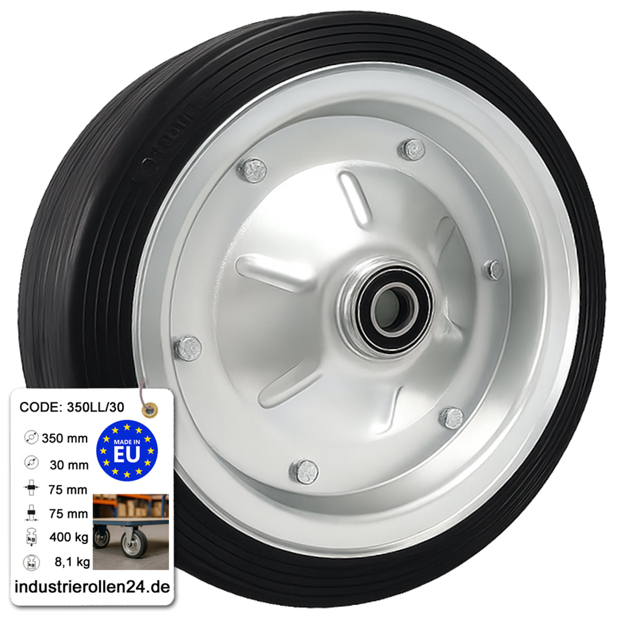 Ersatzrad Ø350 mm – Vollgummi Industrierad mit Kugellager für Transportwagen, Code: 350LL/30