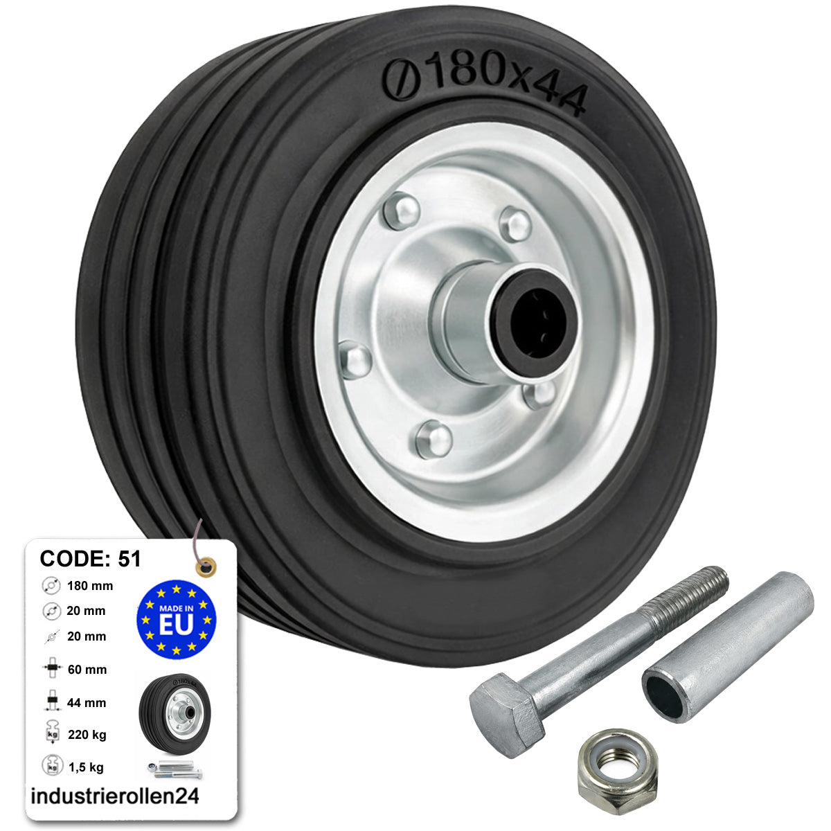 Metall-Gummiräder 180 mm mit Montage-Set – robuste Räder für Transport & Industrie Code: 51