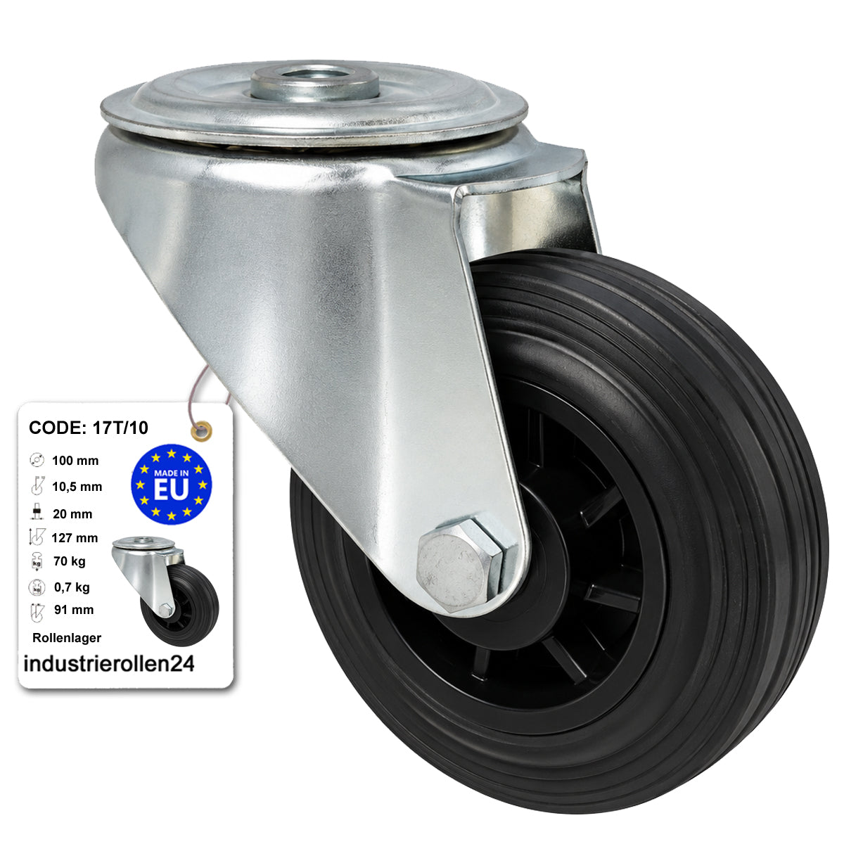 Kunststoff-Gummiräder mit Befestigungsstift mit Zentralbohrung Ø100 mm Code: 17T/10