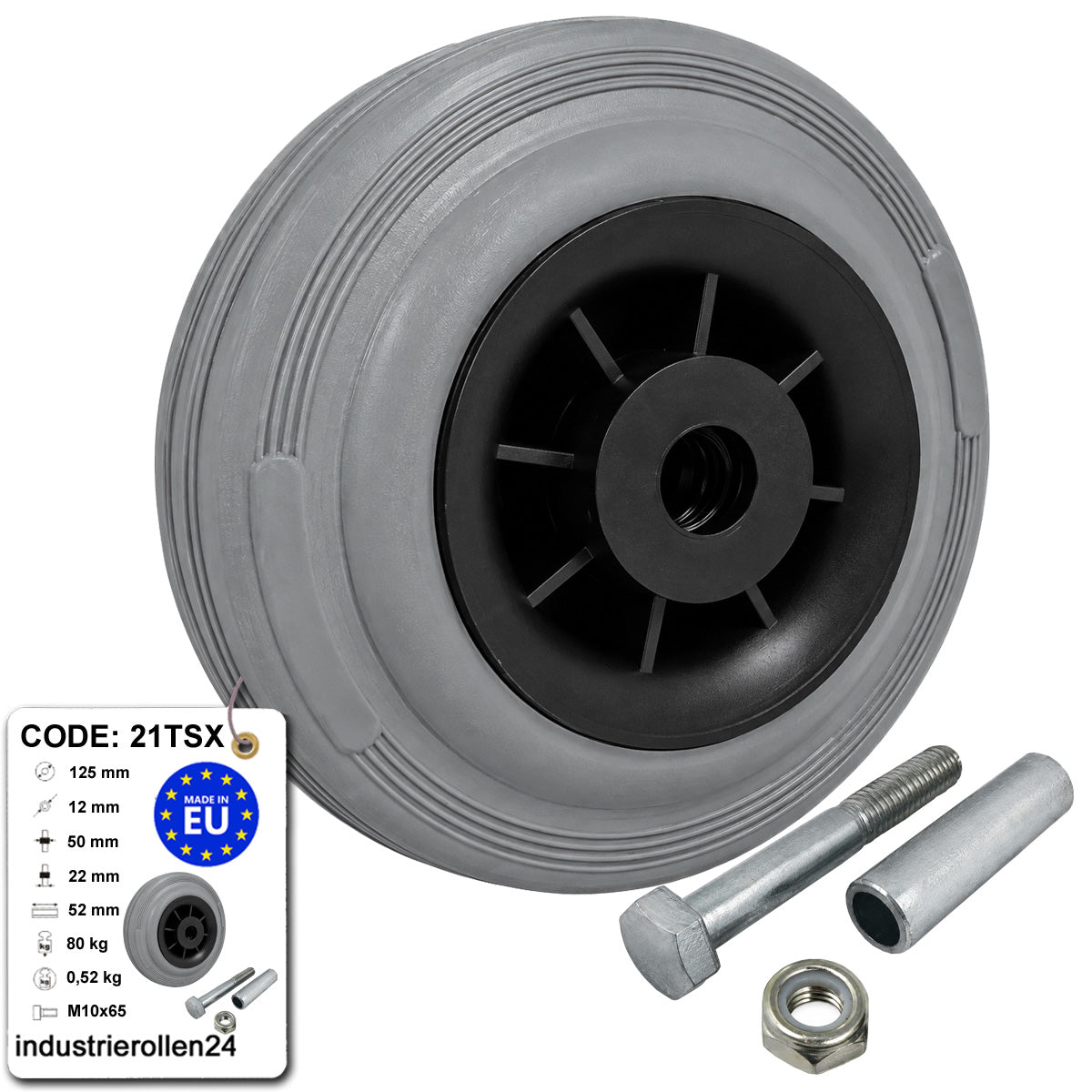 Kunststoff-Gummirrad Ø 125 mm Industrie Gummirad mit Montagesatz Code: 21TSX