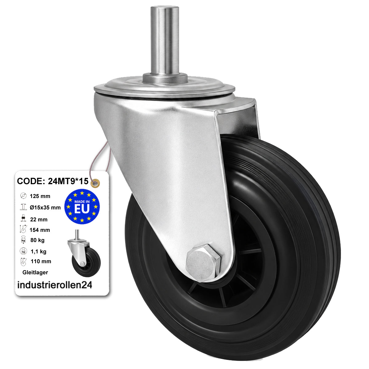 Kunststoff-Gummiräder mit Befestigungsstift Lenkrollen Ø125 mm Code: 24MT9*15