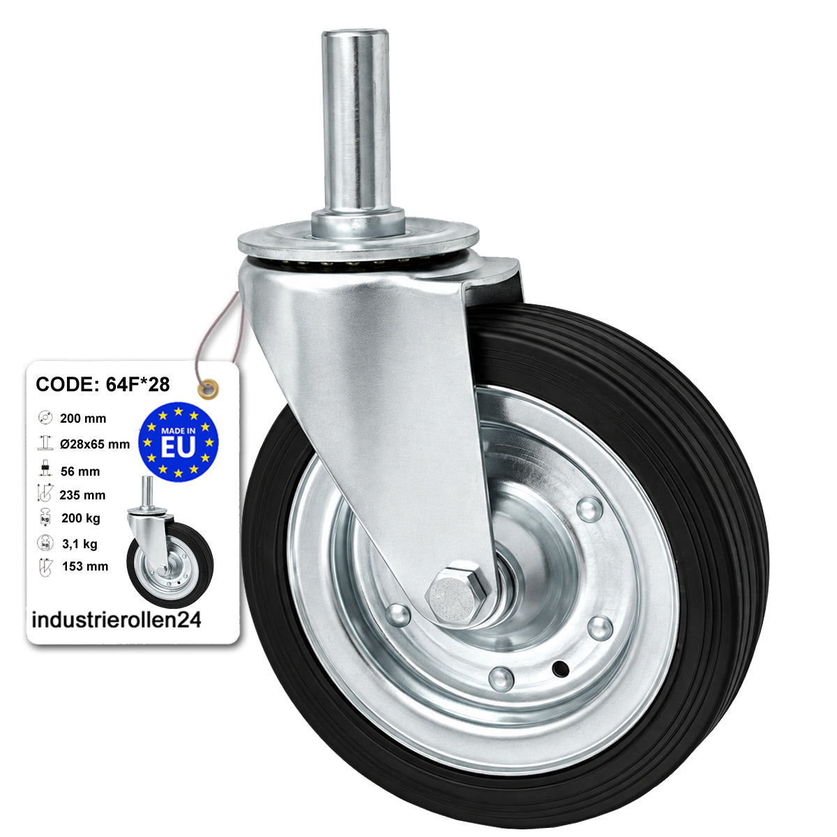 Metall-Gummiräder mit Befestigungsstift Lenkrollen  Ø200 mm Code: 64F*28