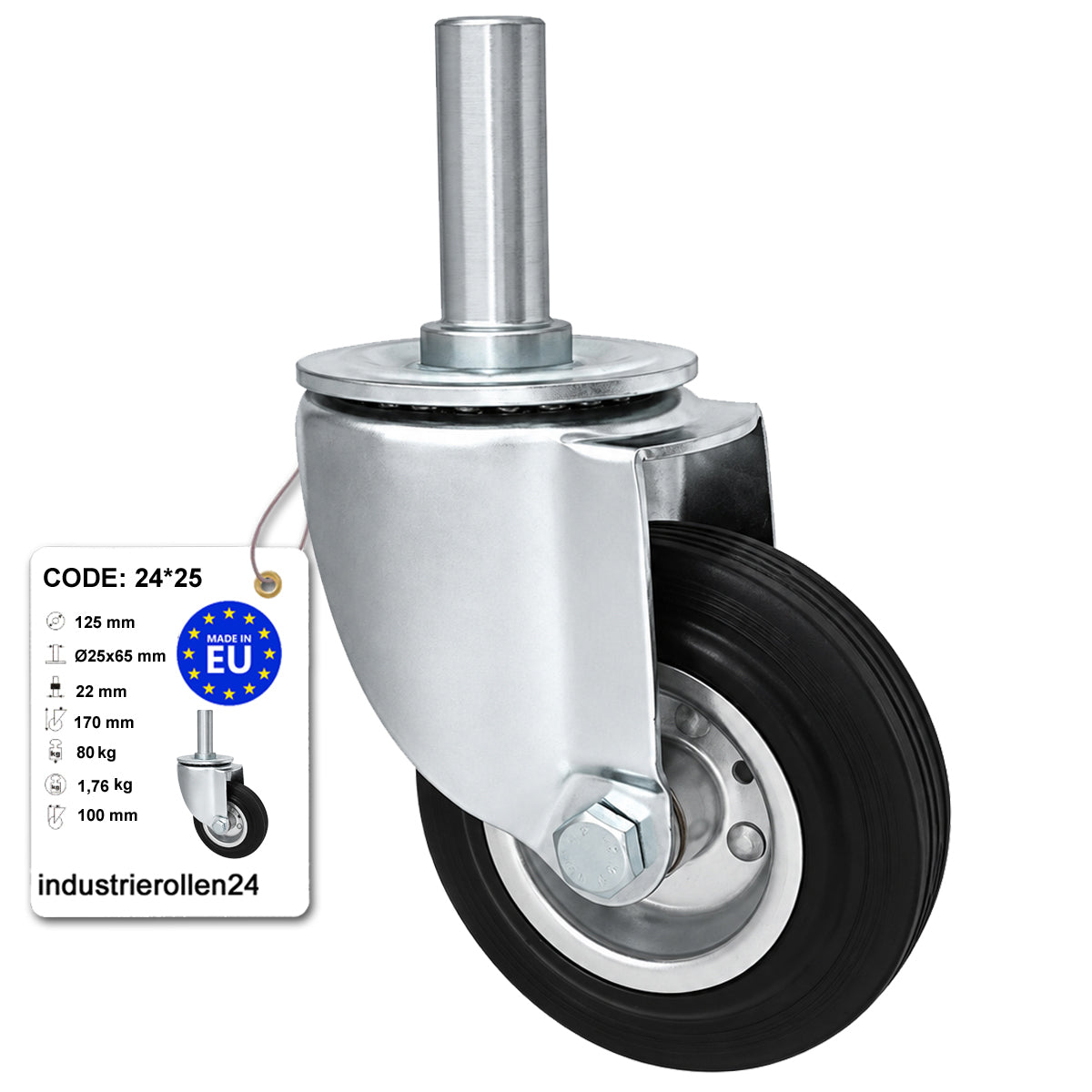 Metall-Gummiräder mit Befestigungsstift Lenkrollen Lenkrollen Ø125 mm Code: 24*25