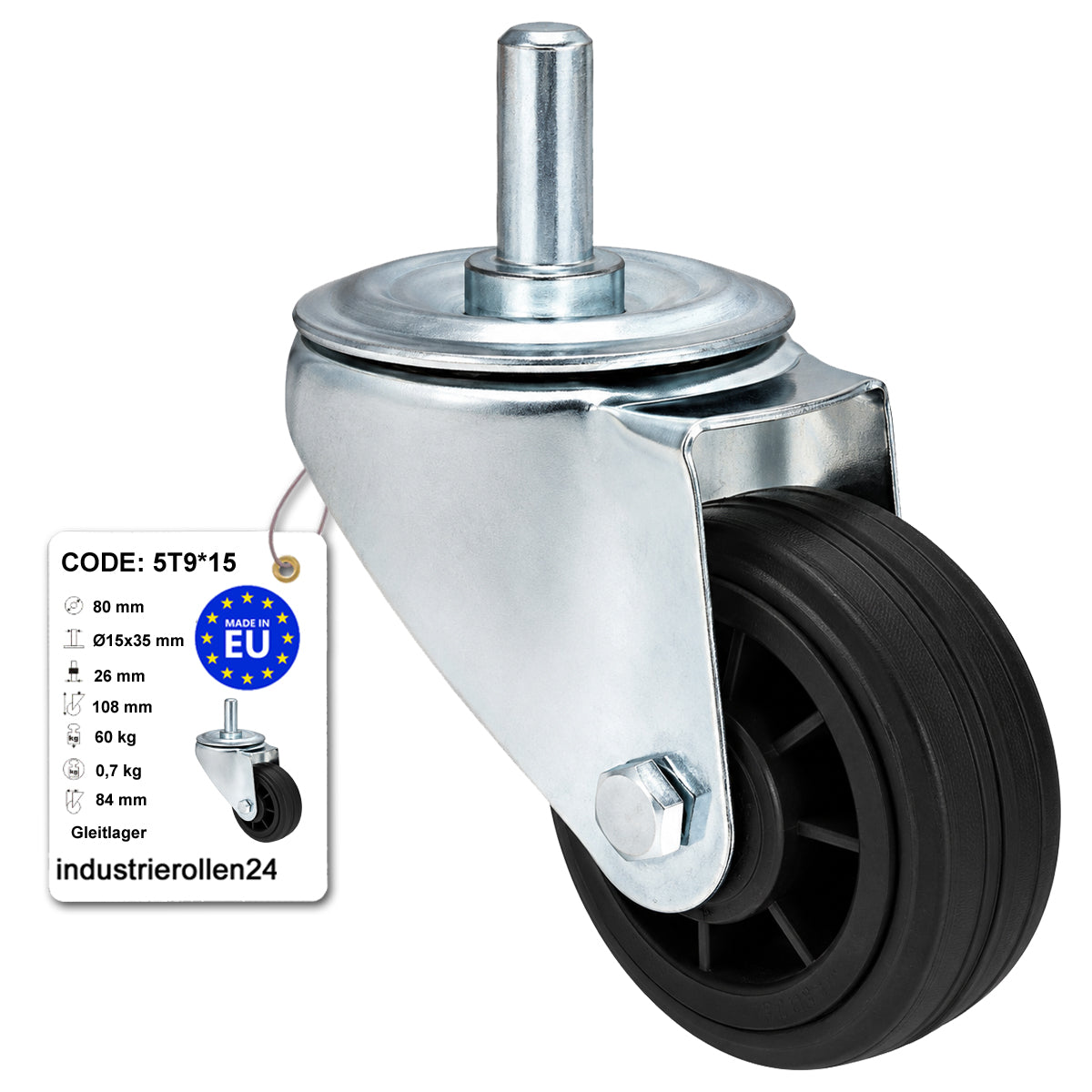 Kunststoff-Gummiräder mit Befestigungsstift Lenkrollen Ø80 mm Code: 5T9*15