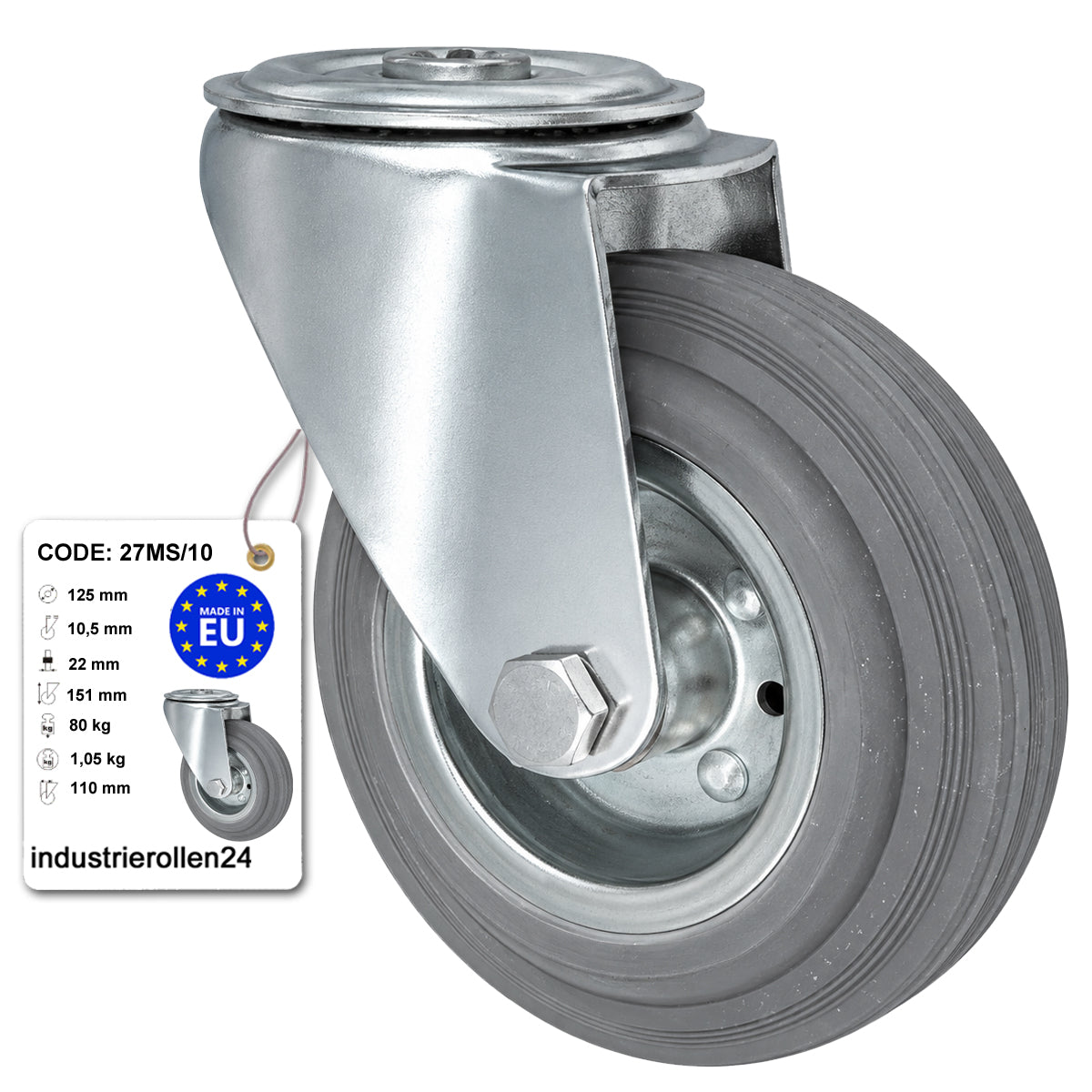 Metall-Gummiräder mit Befestigungsstift mit Zentralbohrung  Ø125 mm Code: 27MS/10