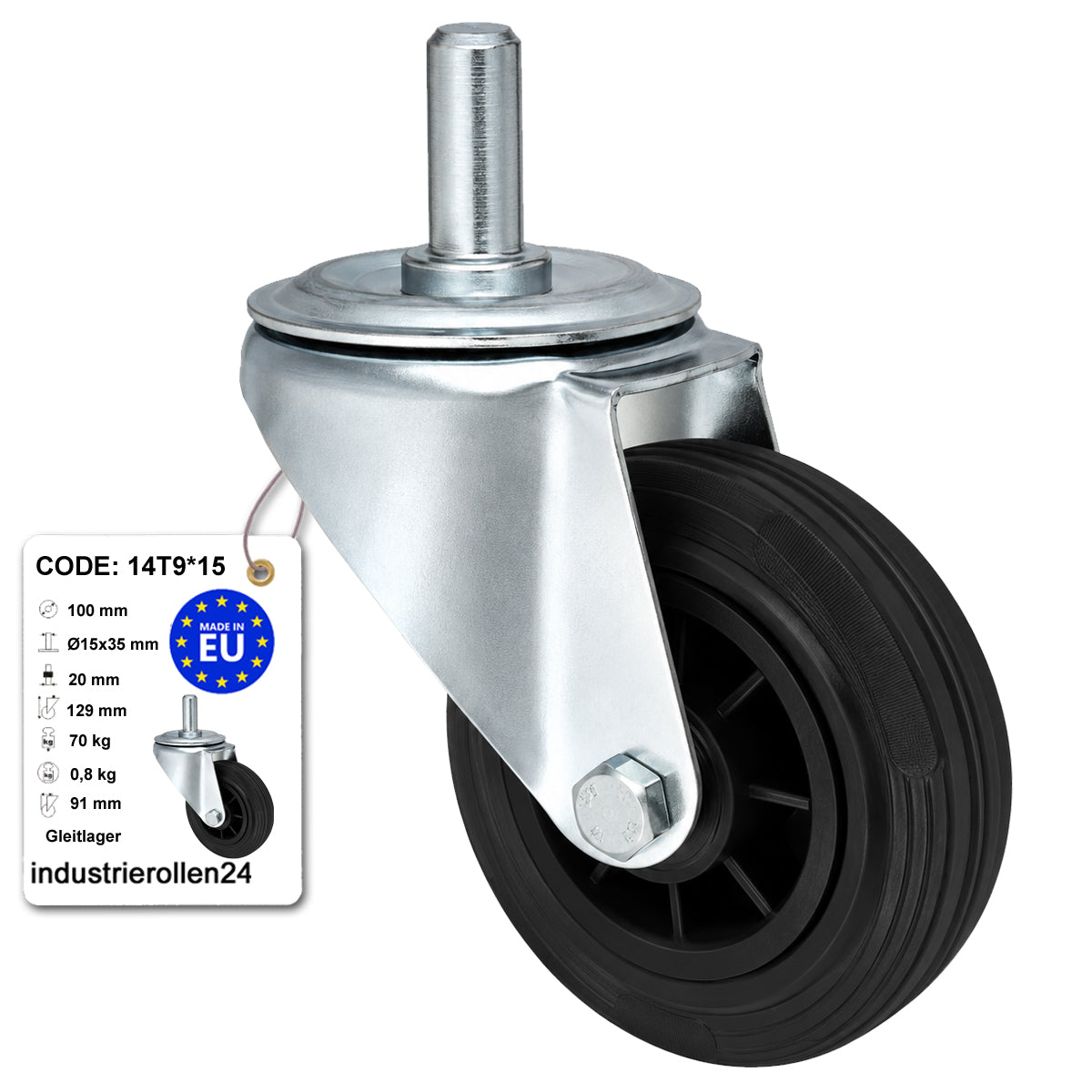 Kunststoff-Gummiräder mit Befestigungsstift Lenkrollen Ø100 mm Code: 14T9*15