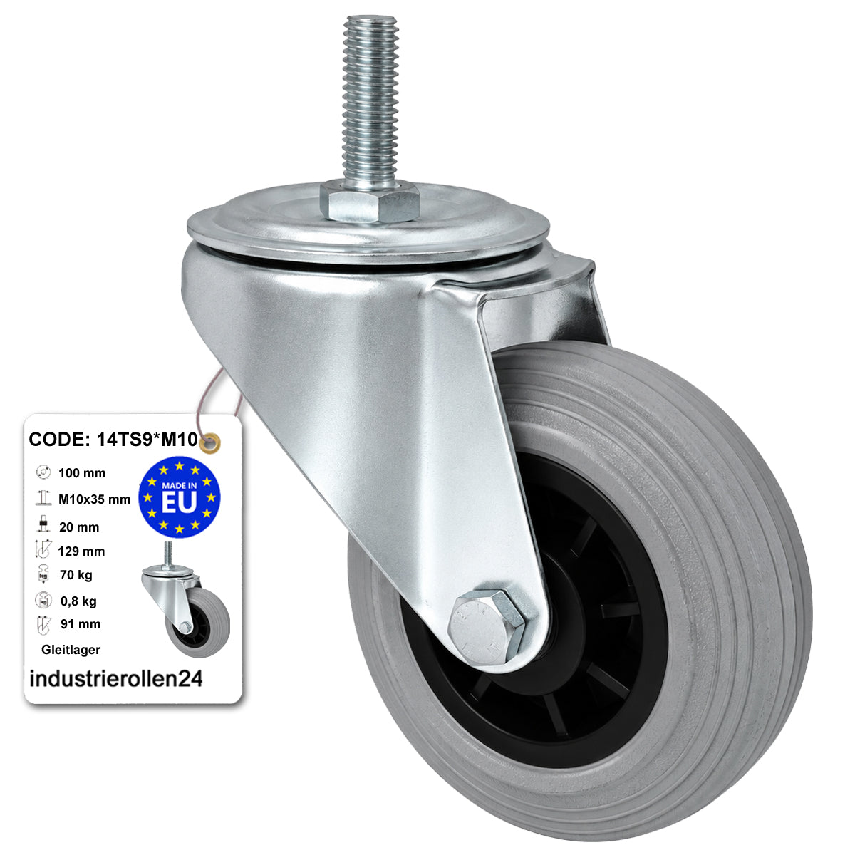 Kunststoff-Gummiräder mit Befestigungsstift Lenkrollen Ø100 mm Code: 14TS9*M10
