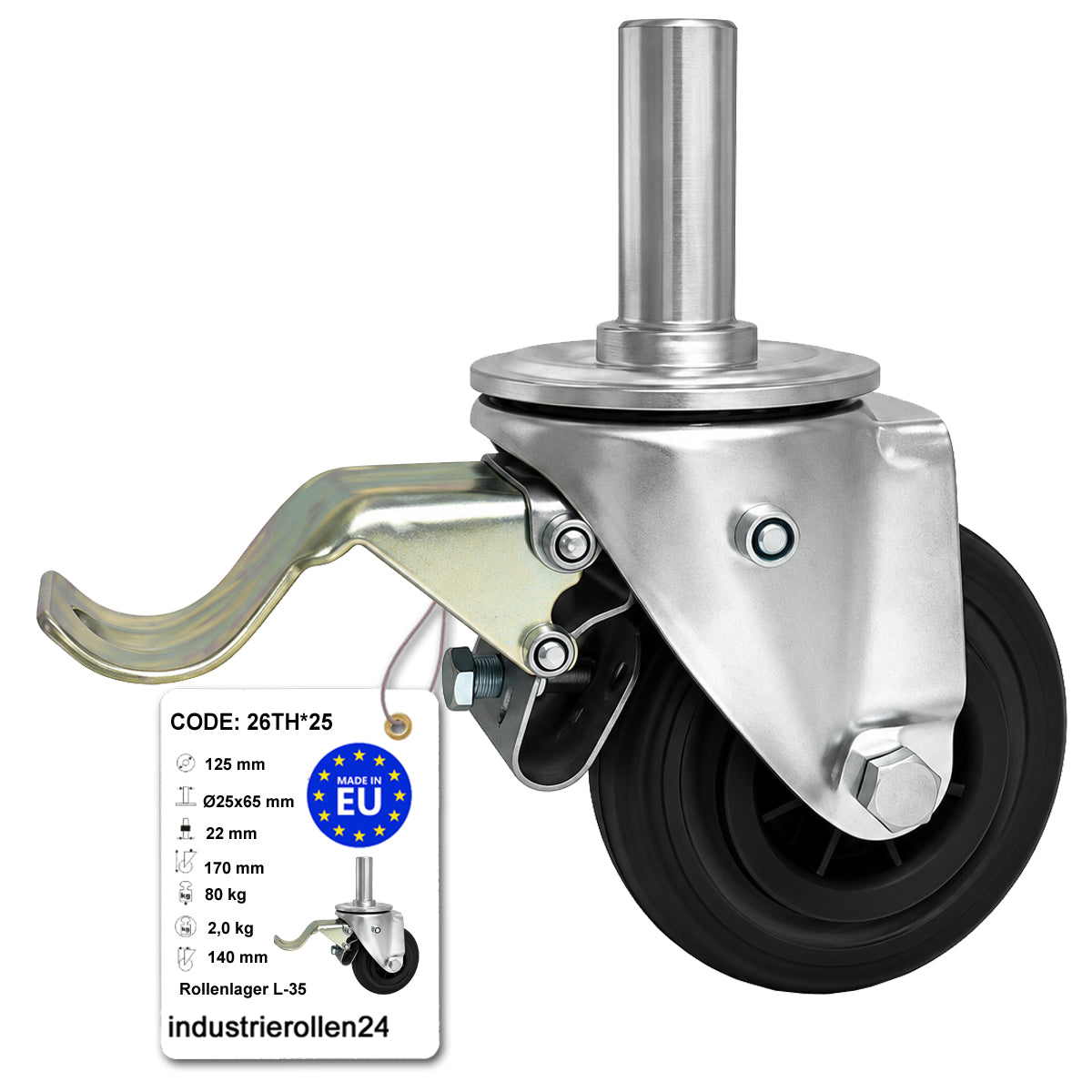 Kunststoff-Gummiräder mit Befestigungsstift und Bremse Lenkrollen  Ø125 mm Code: 26TH*25