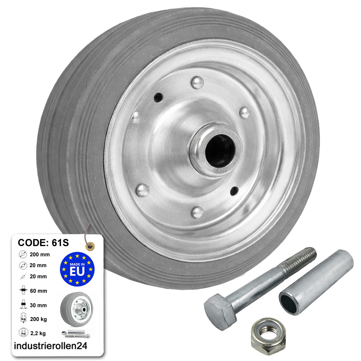 Metall-Gummiräder 200 mm mit Montage-Set – robuste Räder für Transport & Industrie Code: 61S