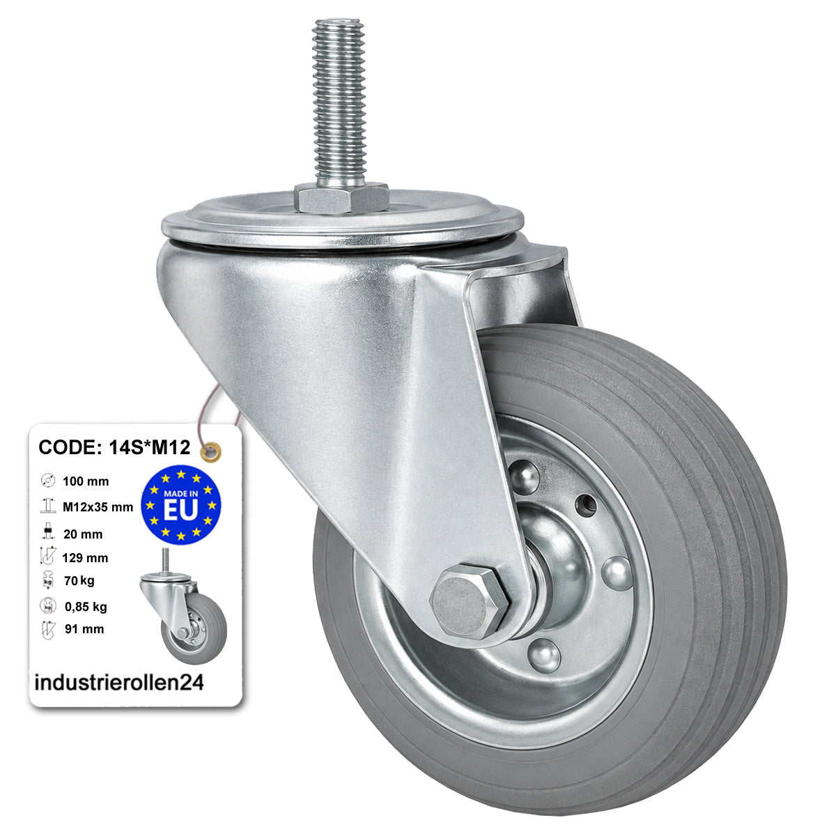 Metall-Gummiräder mit Befestigungsstift Lenkrollen Lenkrollen Ø100 mm Code: 14S*M12