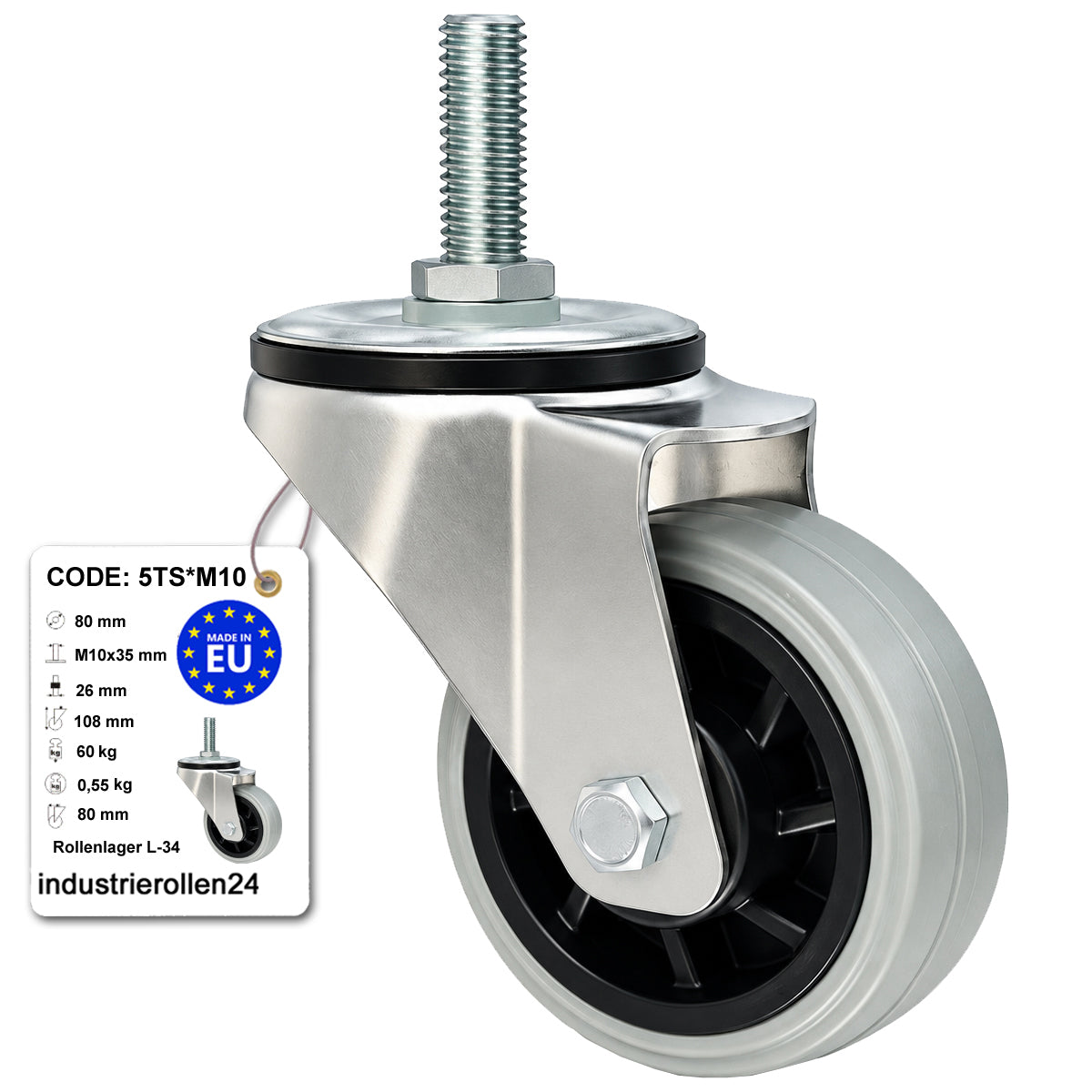 Kunststoff-Gummiräder mit Befestigungsstift Lenkrollen Ø80 mm Code: 5TS*M10