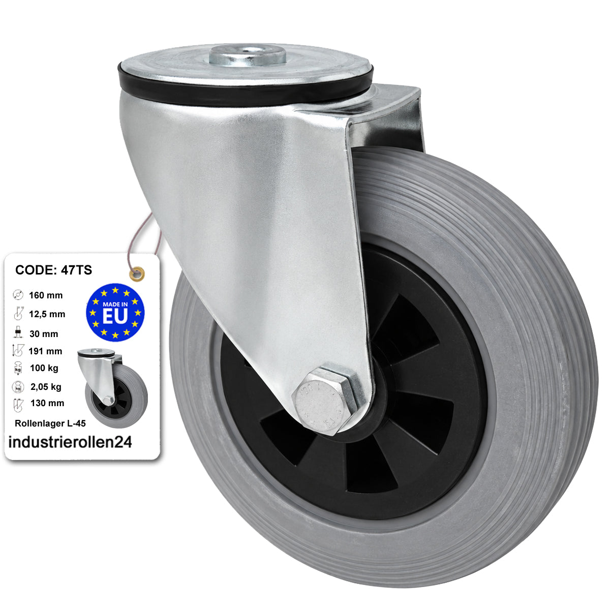 Kunststoff-Gummiräder mit Befestigungsstift mit Zentralbohrung Ø160 mm Code: 47TS