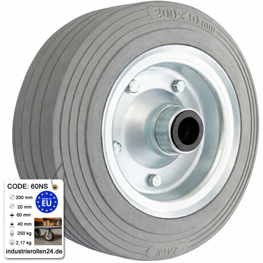 Ersatzrad Ø200 mm – Graues, nicht abfärbendes Vollgummi Industrierad für Transportwagen, Code: 60NS