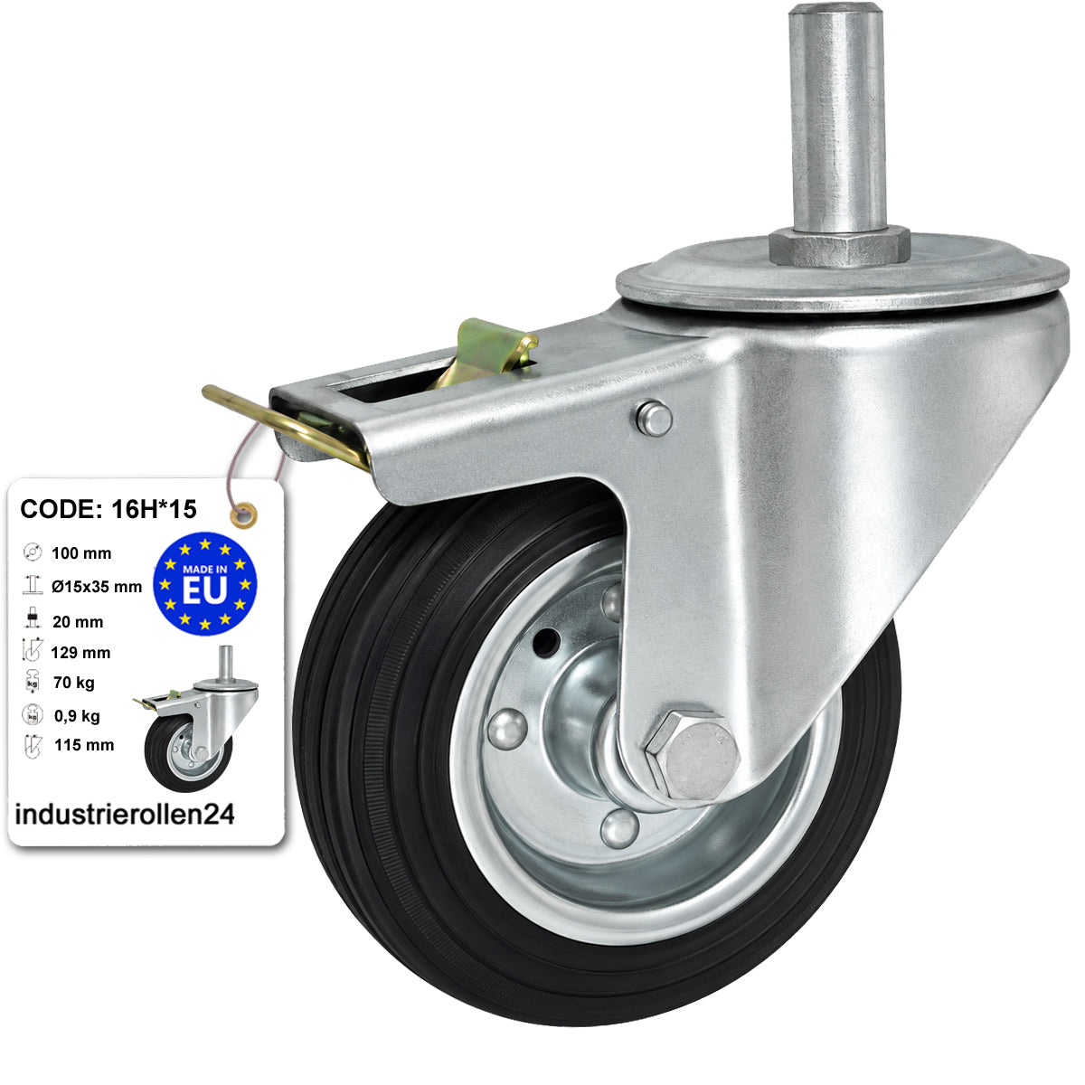 Metall-Gummiräder mit Befestigungsstift und Bremse Lenkrollen  Ø100 mm Code: 16H*15