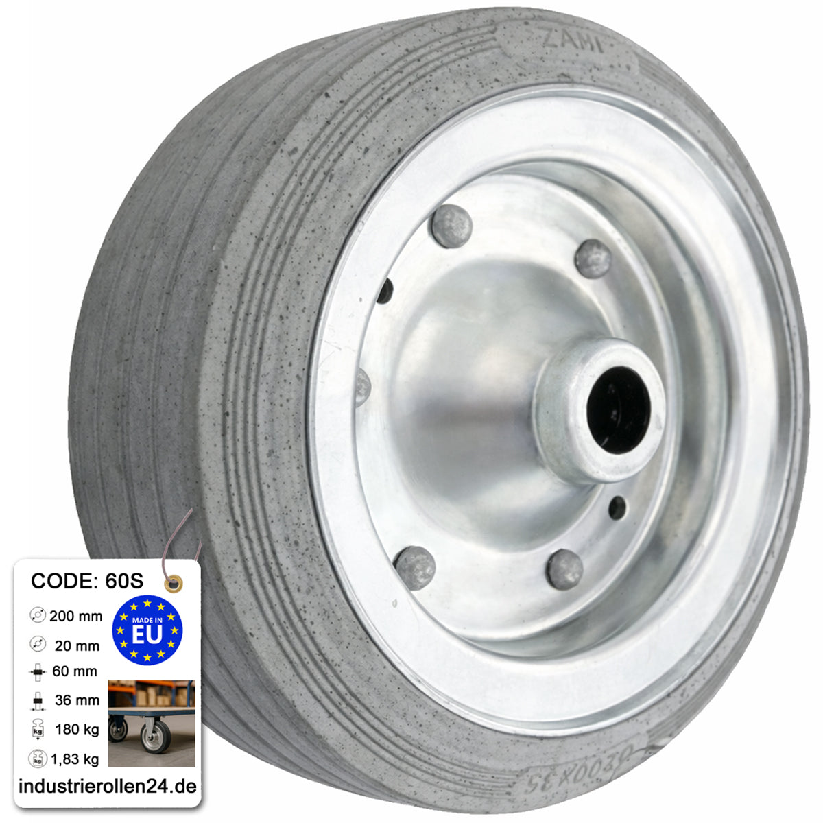 Ersatzrad Ø200 mm – Graues, nicht abfärbendes Vollgummi Industrierad für Transportwagen, Code: 60S