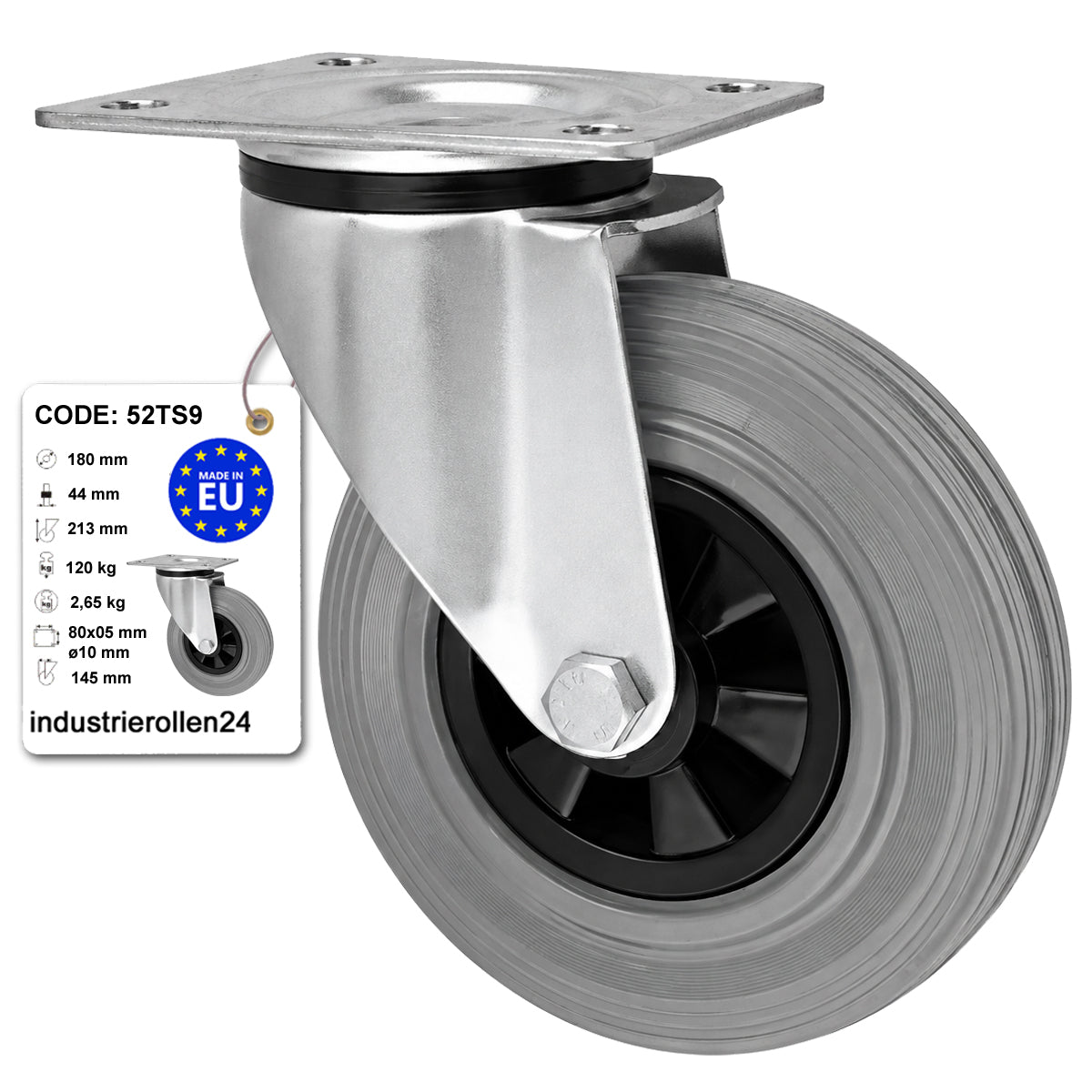 Kunststoff-Gummirrad mit Anschraubplatte Lenkrolle Ø180 mm mit Platte Code: 52TS9