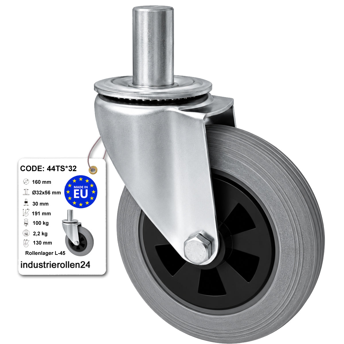 Kunststoff-Gummiräder mit Befestigungsstift Lenkrollen Ø160 mm Code: 44TS*32