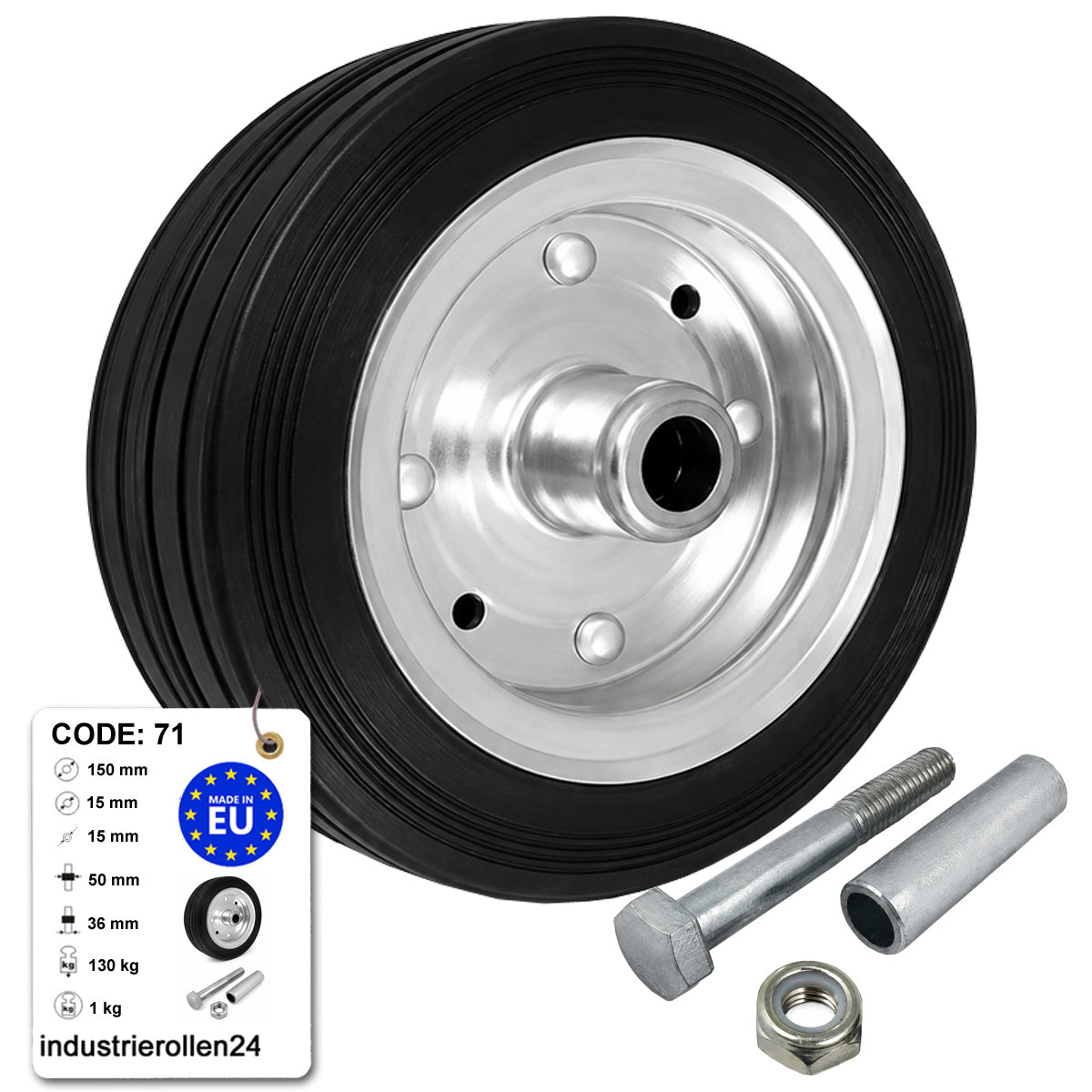 Metall-Gummiräder 150 mm mit Montage-Set – robuste Räder für Transport & Industrie Code: 71