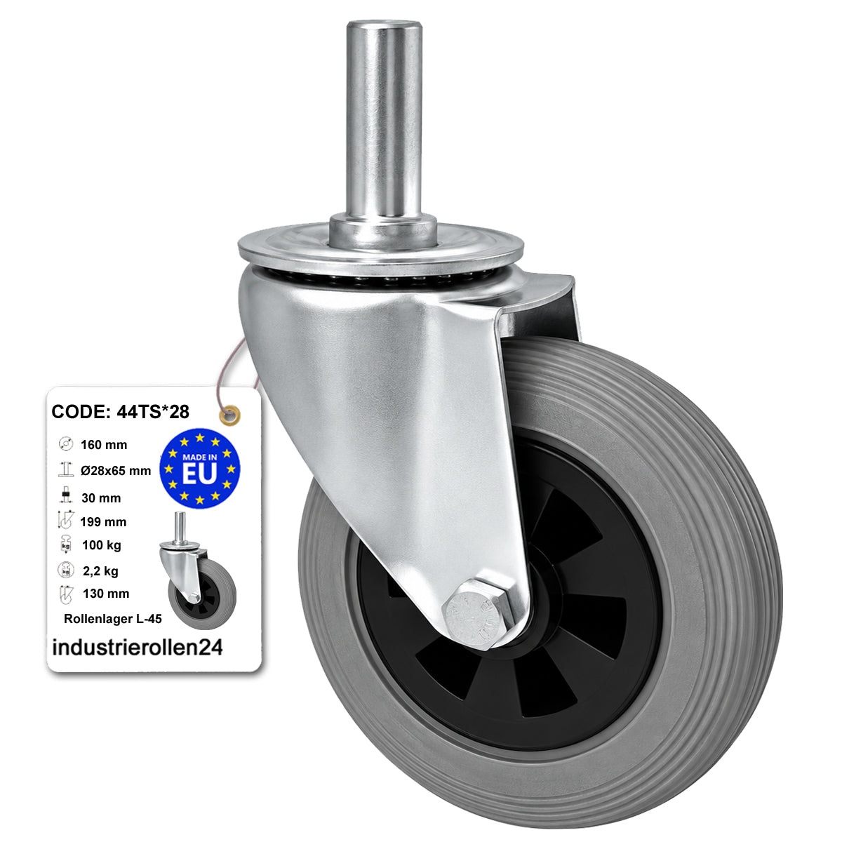 Kunststoff-Gummiräder mit Befestigungsstift Lenkrollen Ø160 mm Code: 44TS*28