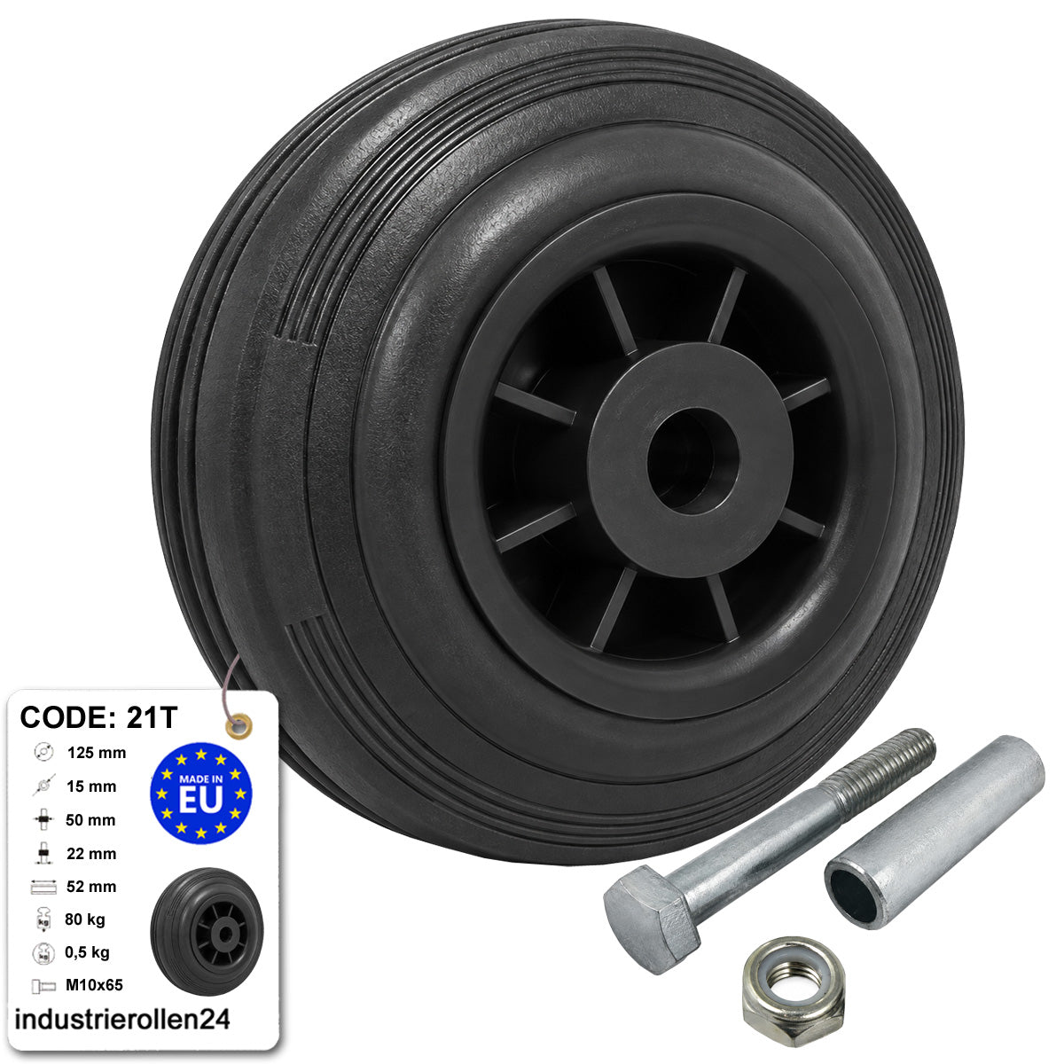 Kunststoff-Gummirrad Ø 125 mm Industrie Gummirad mit Montagesatz Code: 21T