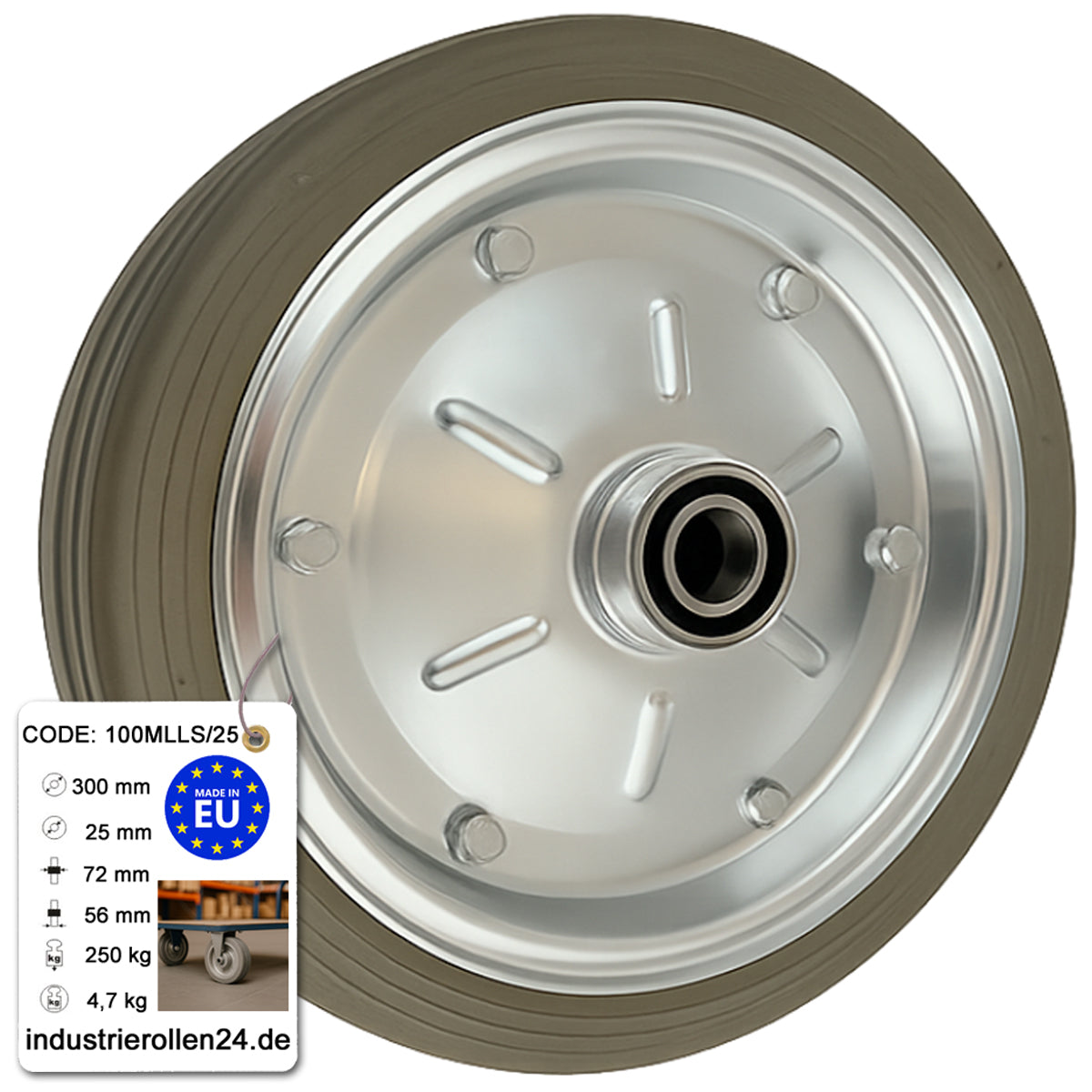 Ersatzrad Ø300 mm – Graues, nicht abfärbendes Vollgummi Industrierad mit Kugellager für Transportwagen, Code: 100MLLS/25