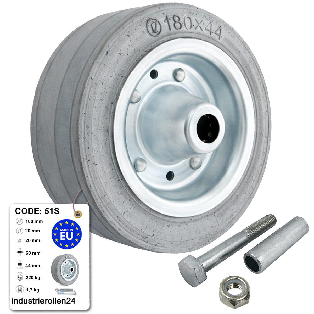 Metall-Gummiräder 180 mm mit Montage-Set – robuste Räder für Transport & Industrie Code: 51S