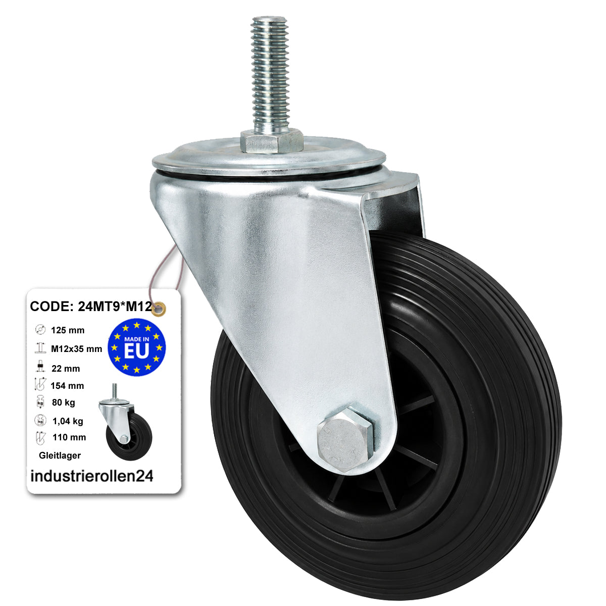Kunststoff-Gummiräder mit Befestigungsstift Lenkrollen Ø125 mm Code: 24MT9*M12