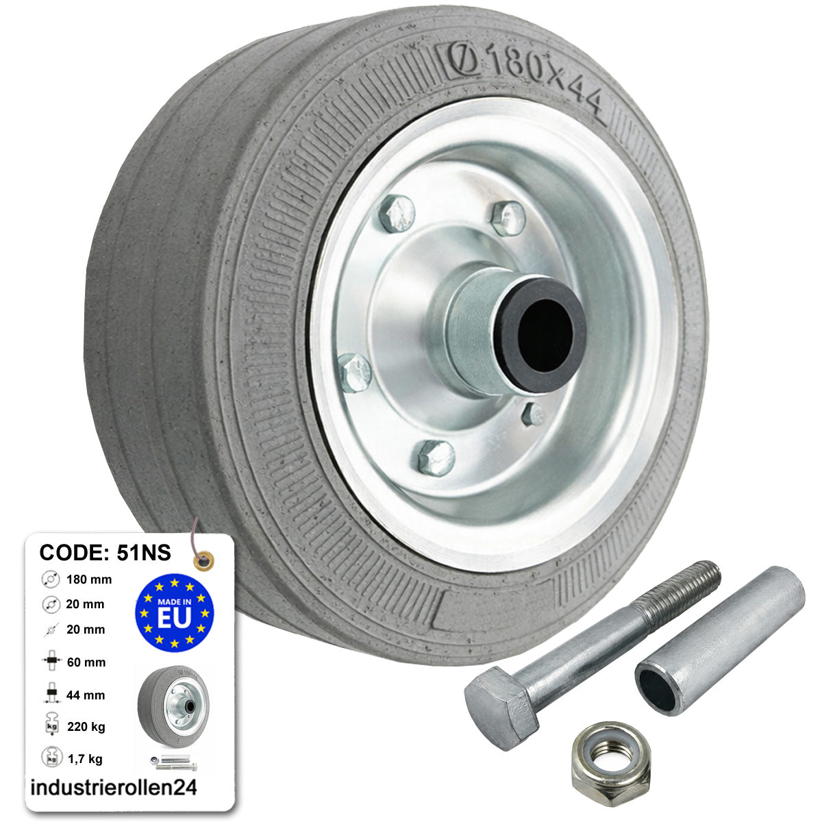 Metall-Gummiräder 180 mm mit Montage-Set – robuste Räder für Transport & Industrie Code: 51NS